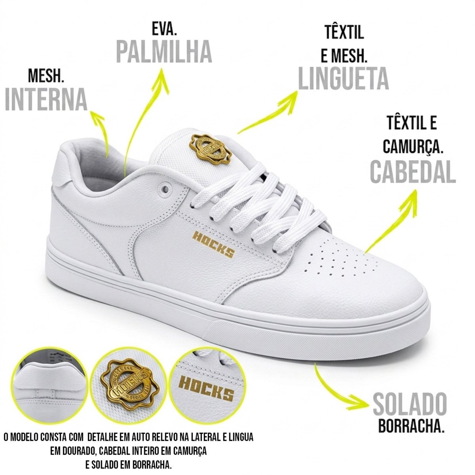 Tênis Hocks Montreal NV3 Unissex | Branco Ouro Preto