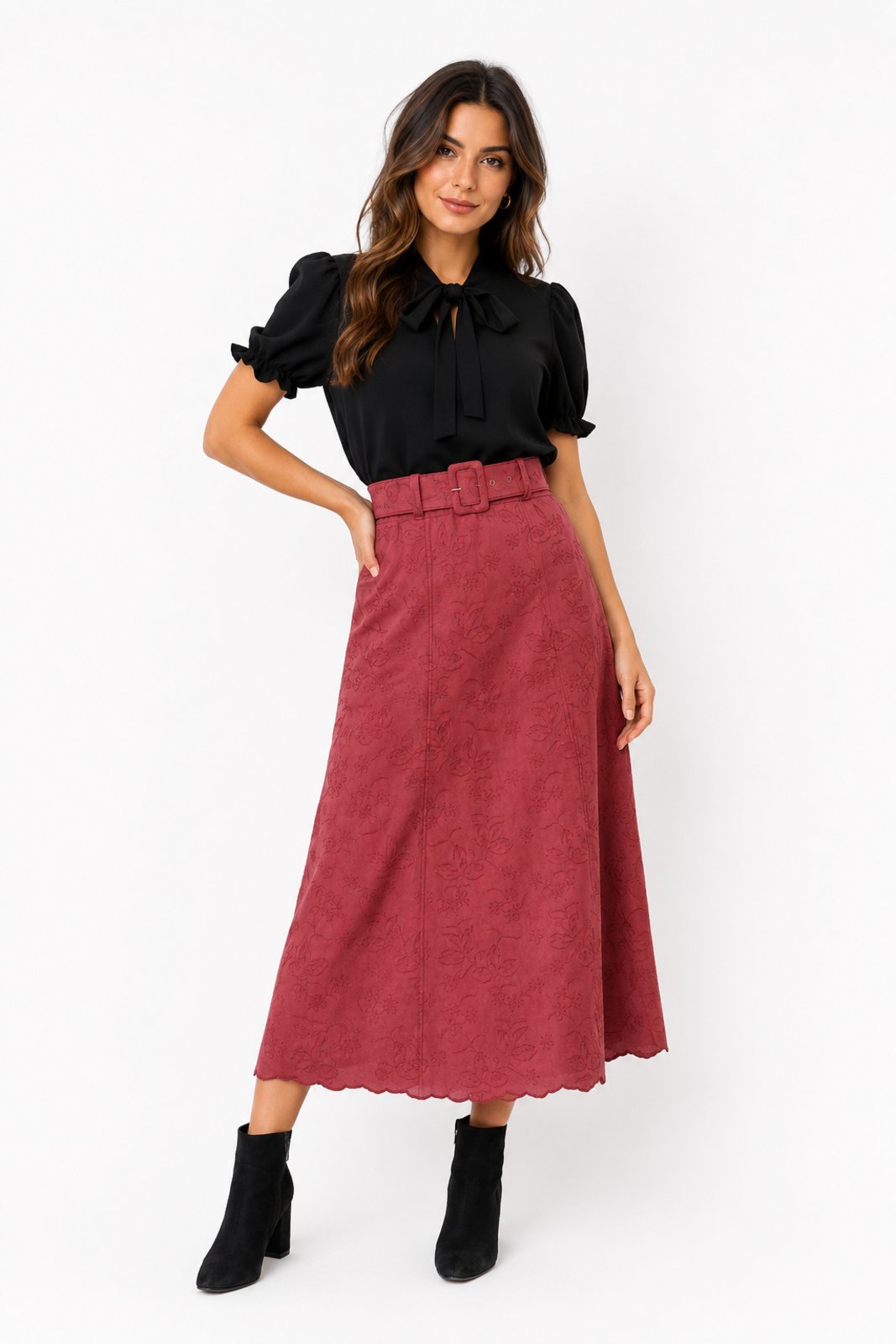 Saia Midi Evasê D Bell Outlet Fashion Bordado Vermelho
