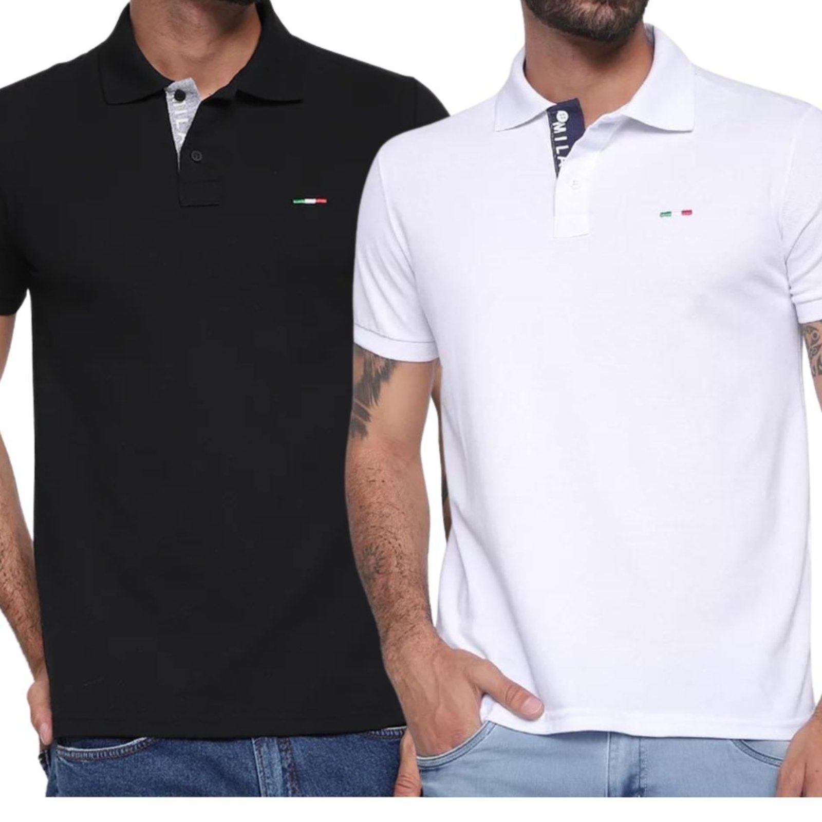 Vista 2 Kit 2 Polos Masculina Básicas FMF Piquet no Estilo Tommy Bordado Itália Preto Branco multicolorido FMF multicolorido