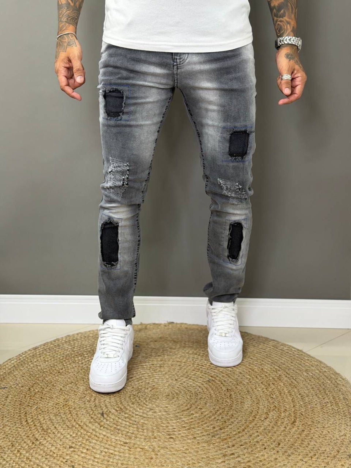 Calça Jeans Destroyed Qr Code Jeans Jogador Masculina Básica Casual Grafite