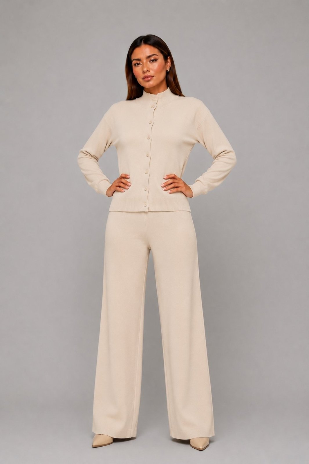 Conjunto Em Tricot Com Botões e Wide Leg Salvatore bege