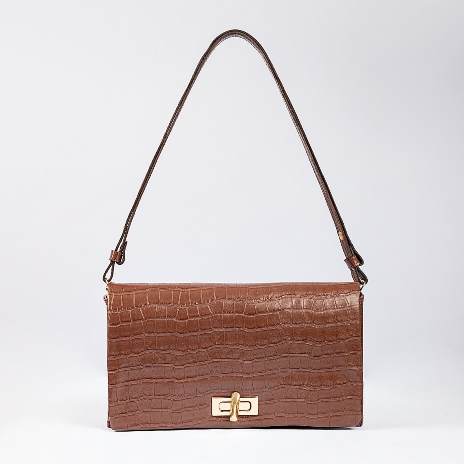 Bolsa Shoulder Bag Mavie Croco Tiracolo de Ombro e Transversal Giulia Bardo Marrom Escuro