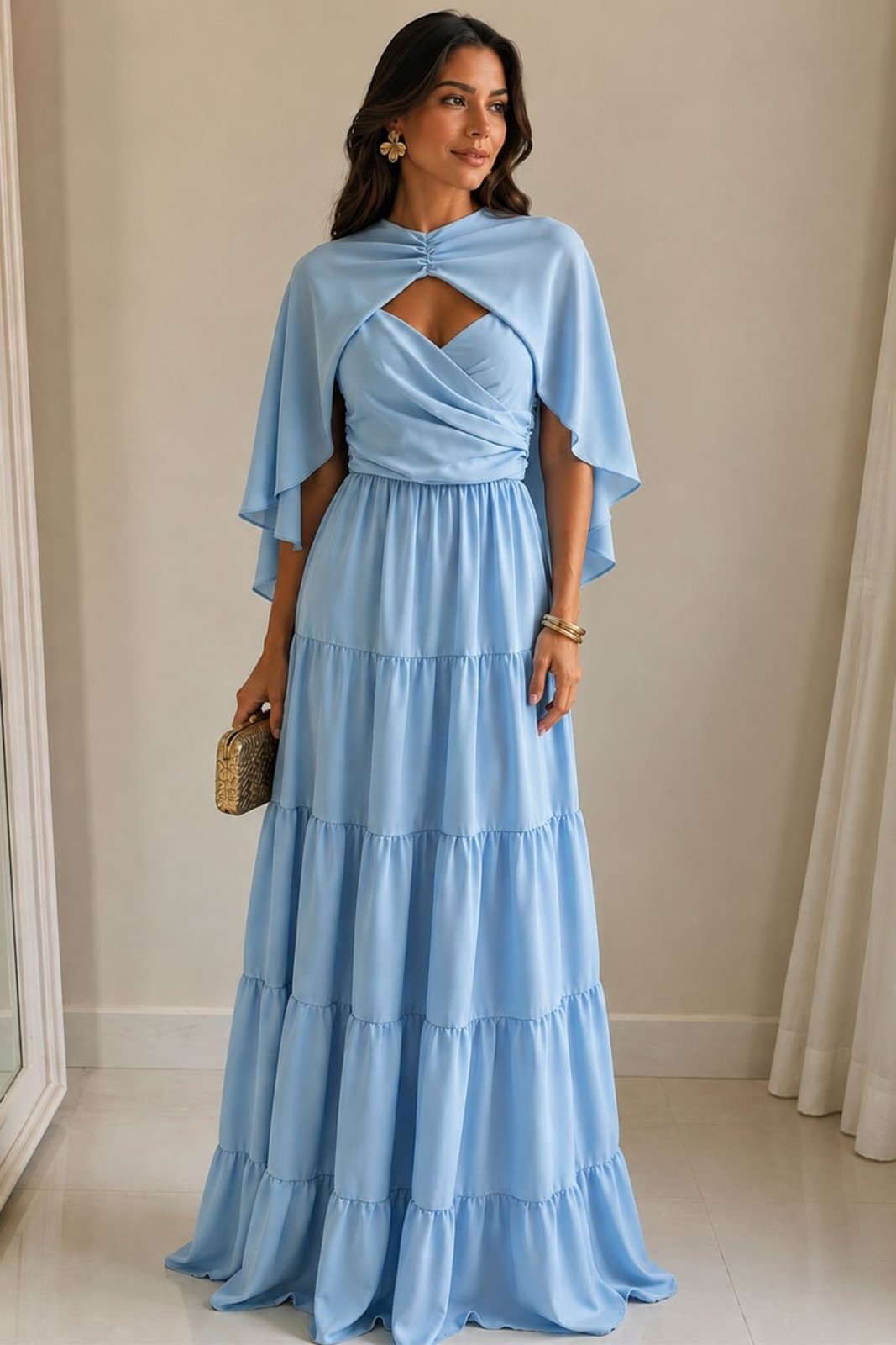 Vestido Longo Georgina Festa Fluido com Busto Drapeado e Capa Azul