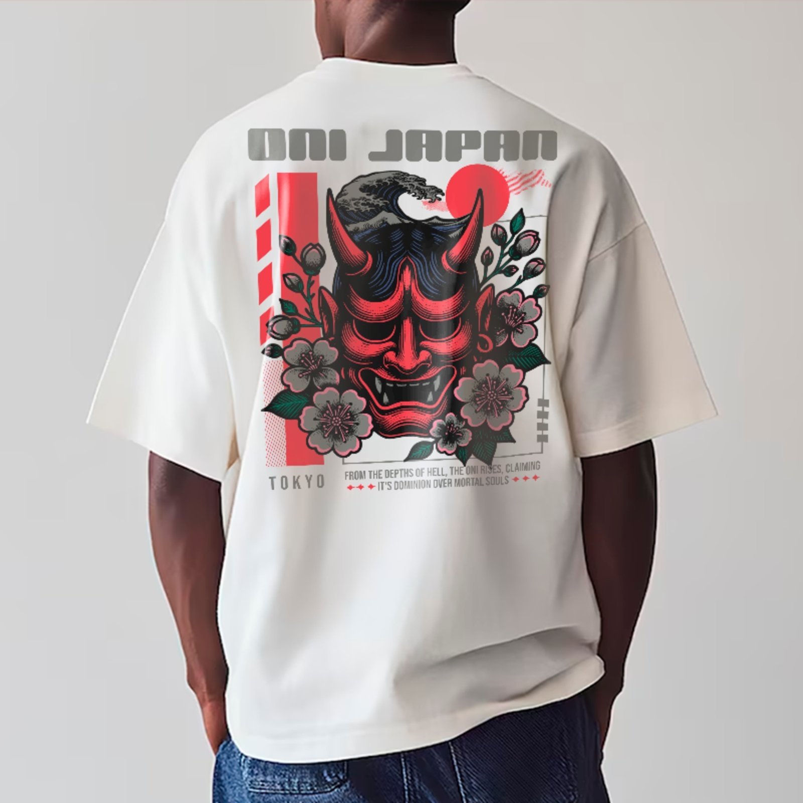 Camiseta Oversized Máscara Oni Estilo Japão Arte Oriental Unissex Branco