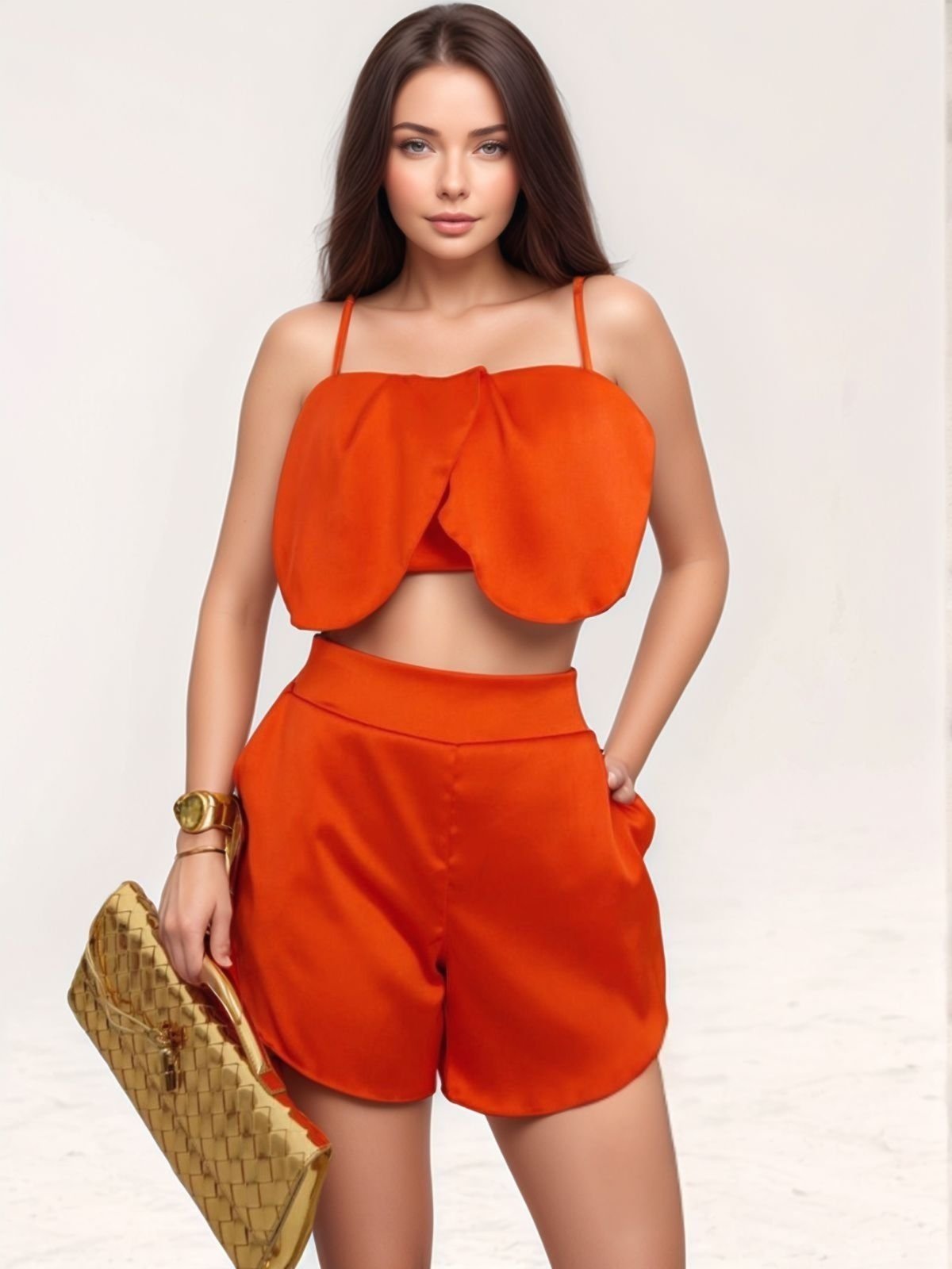 Conjunto Divina Gata Cropped Shorts Cetim Laranja
