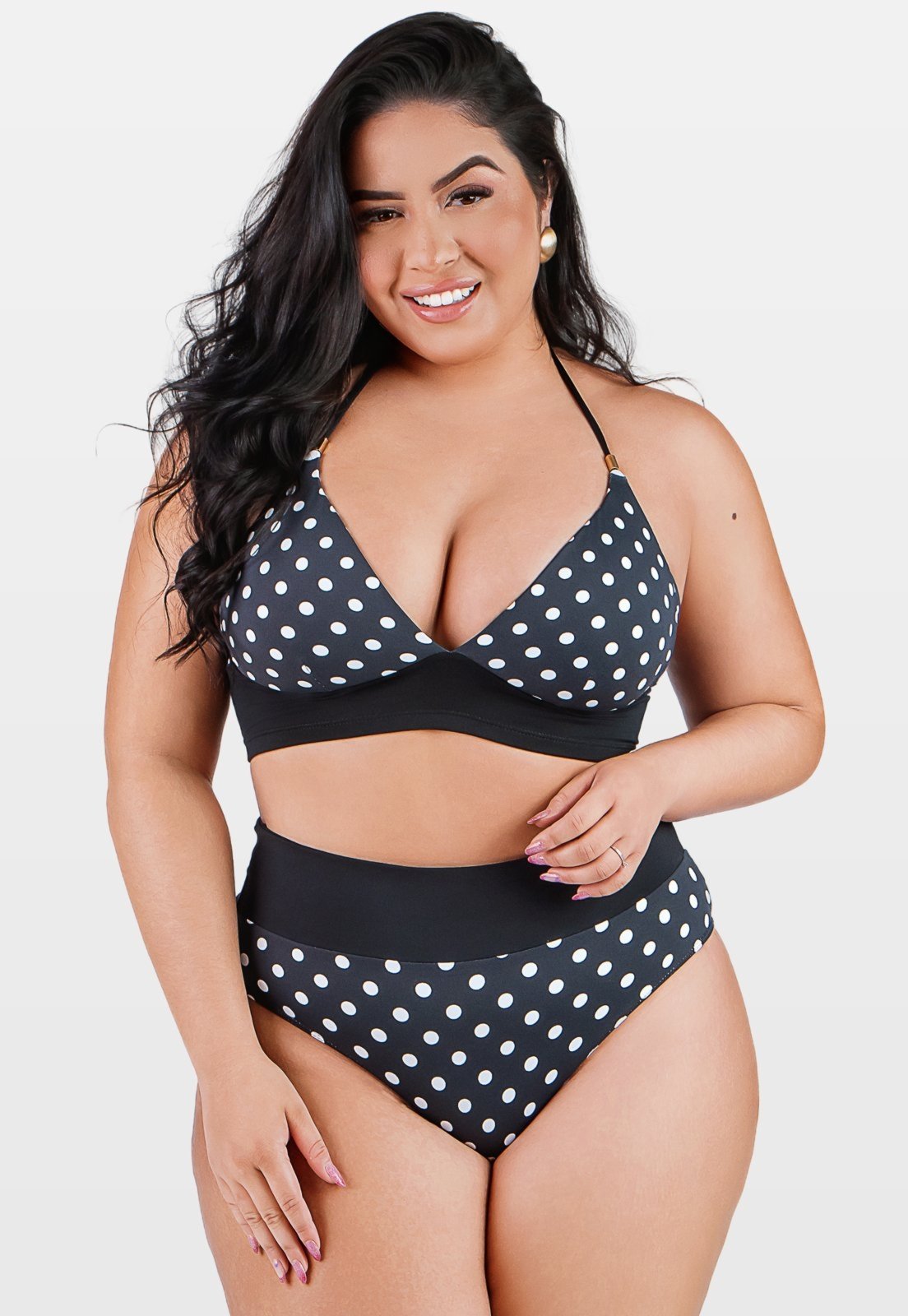Biquíni Summer Soul Frente Única Hot Pants Plus Size Poá Preto