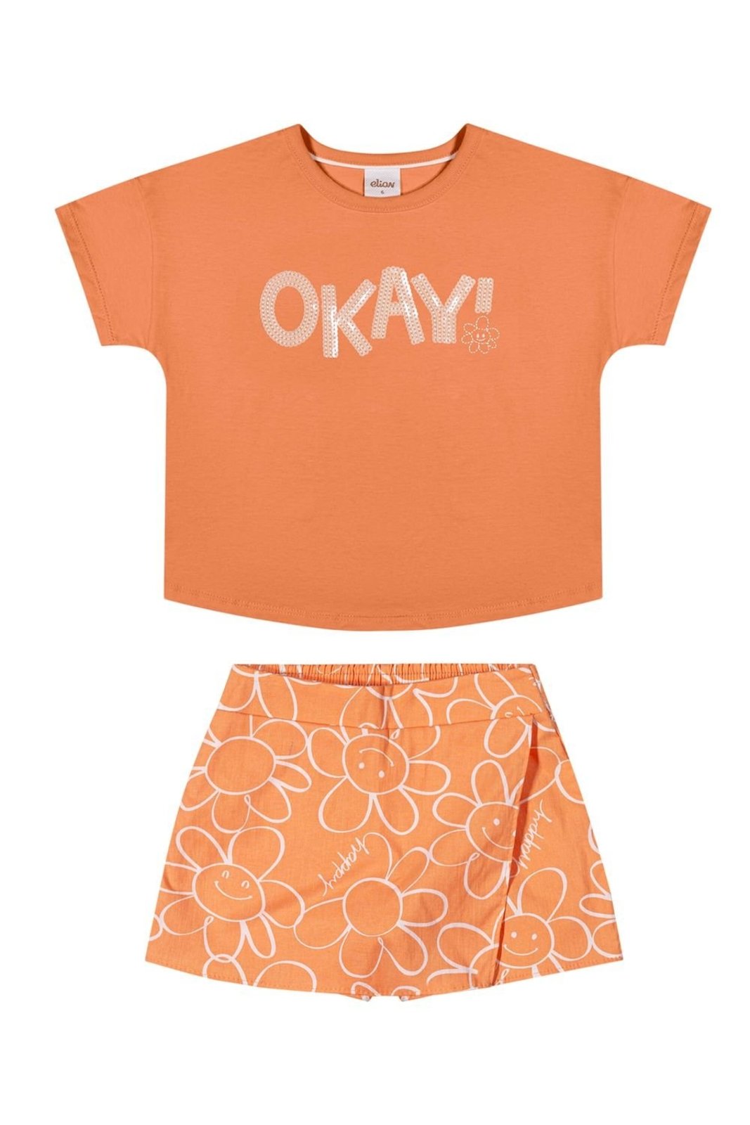 Infantil – Conjunto Menina Blusa e Short Saia Floral Elian Laranja