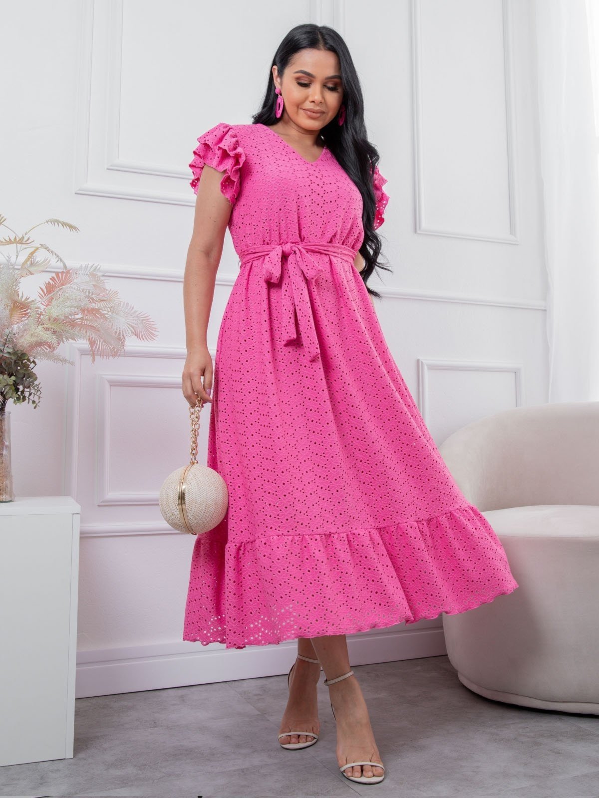 Vestido Lasie Longo Manga curta com Babados BARSONS Confortavel e Casual Pink