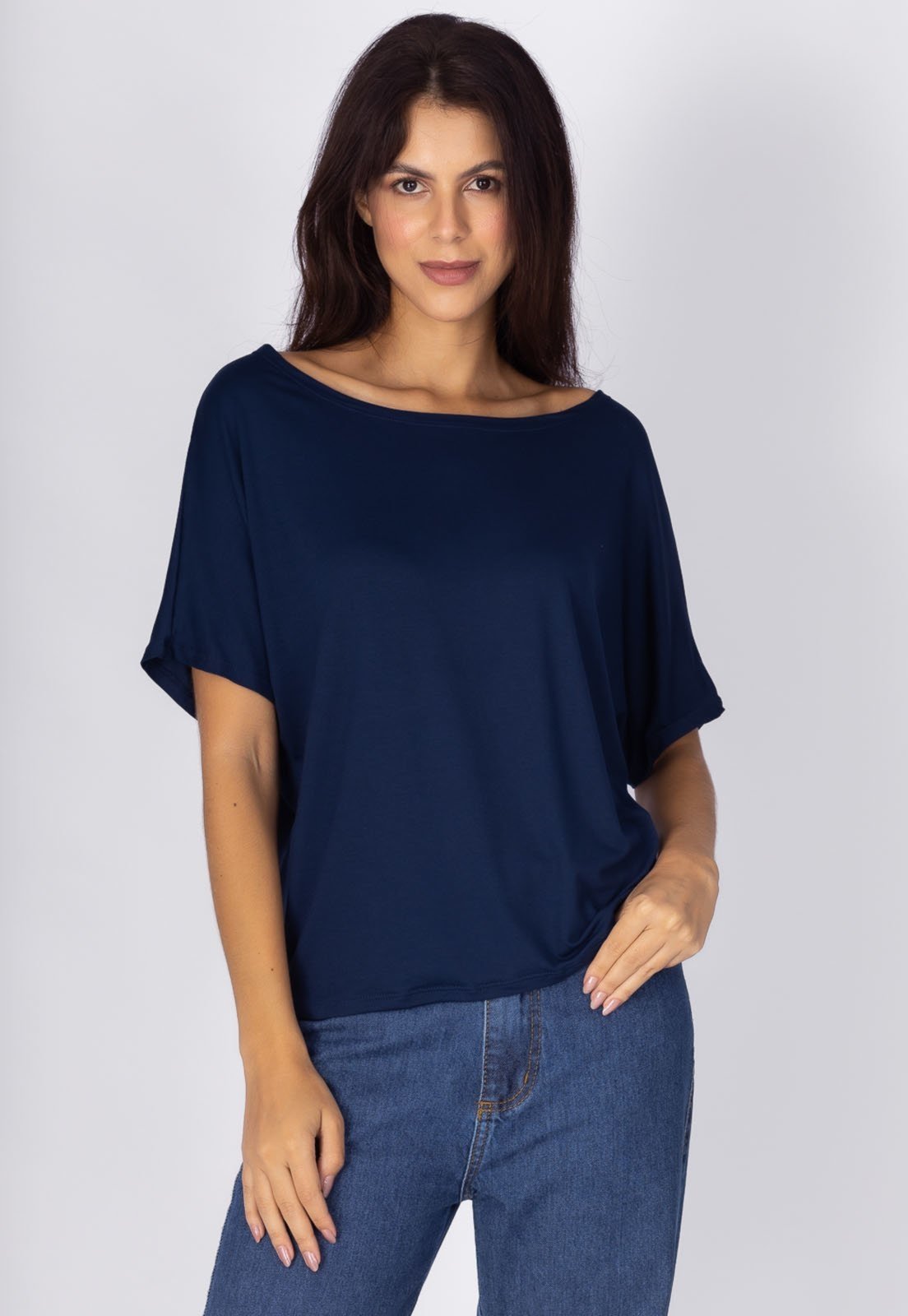 Blusa Morcego Amazonia Vital Malha Gola Canoa Manga Curta Azul Marinho