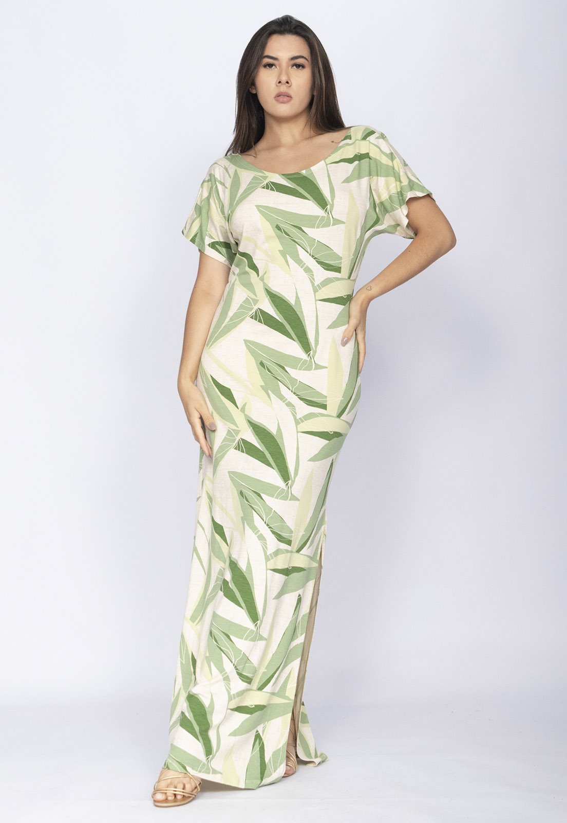 Vestido CabanaFree Longo Malha Fenda na Lateral Estampa Verde Selvagem