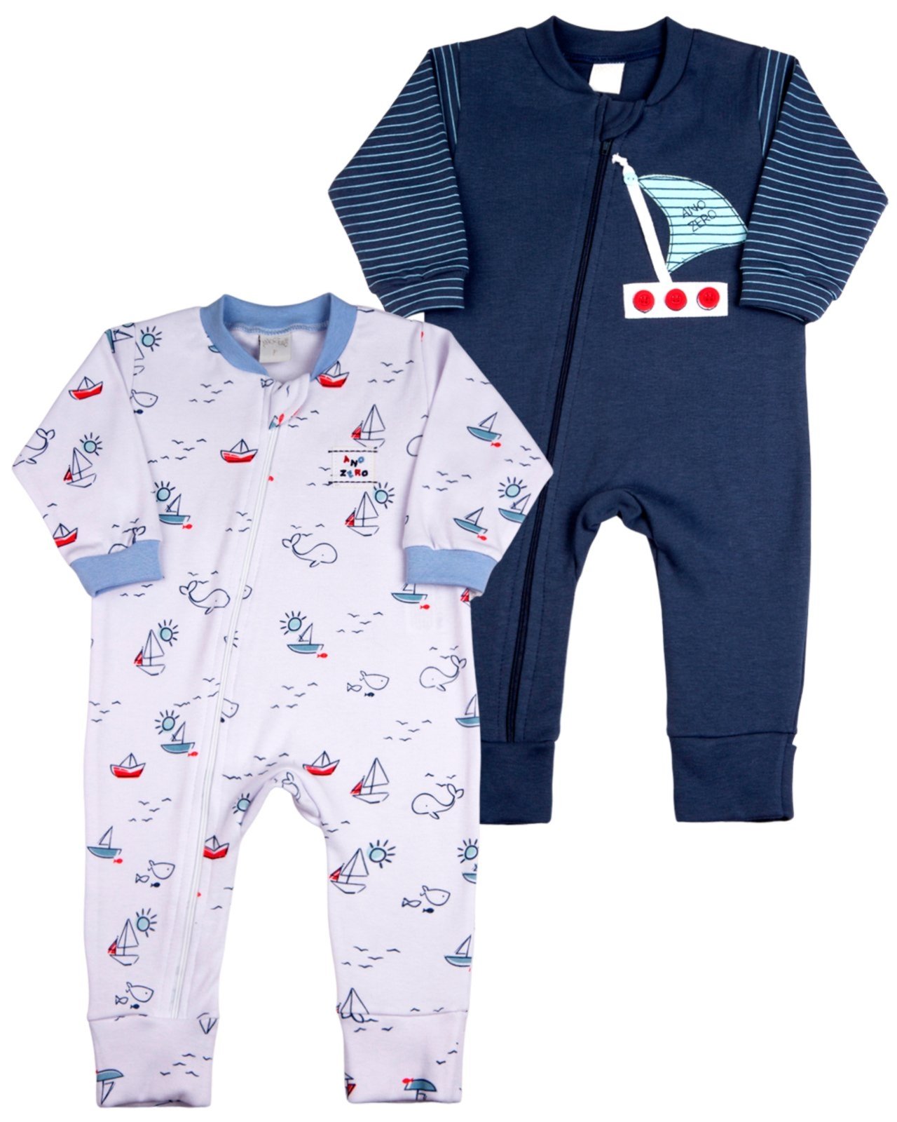 Infantil - Macacao Suedine Fio 40 Algodao Ziper Menino Estampado e Liso Kit Barquinhos 2 Pecas - Branco