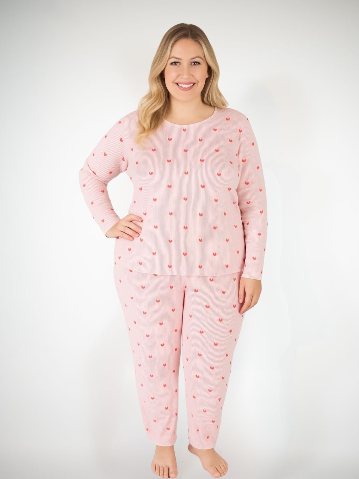 Pijama Algodão Plus Size Feminino Básico Longo Melissa – Listrado Corações Vermelho