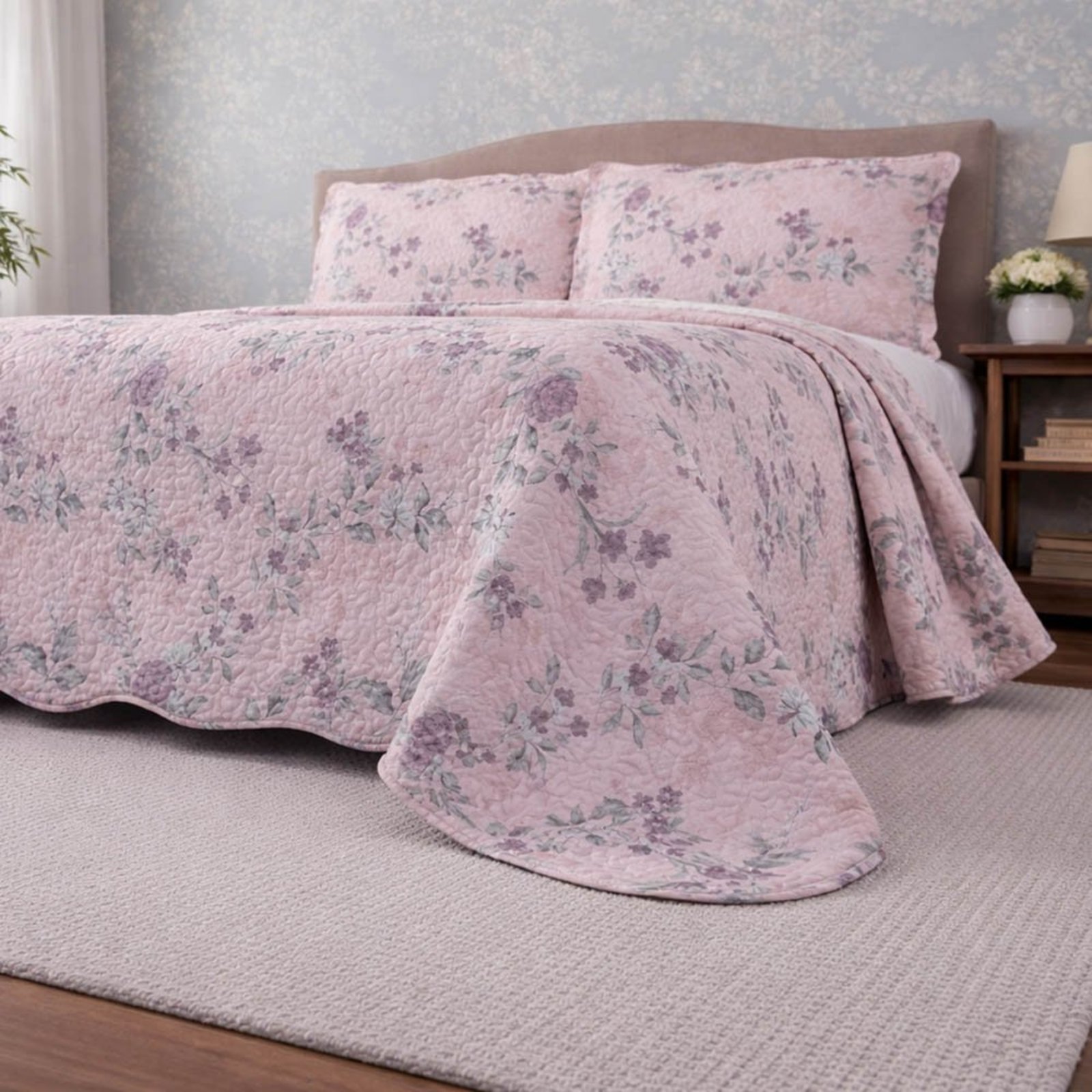 Kit Cobre Leito Evolution Casal Estampado Floral Dupla Face Colcha 3 Peças Solenne