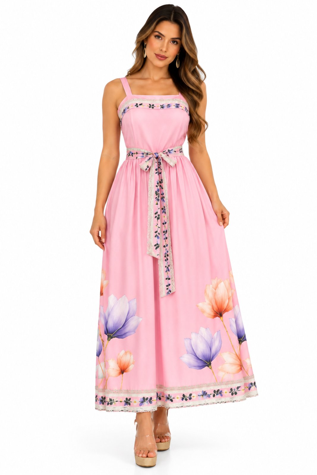 Vestido Longo de Alcinha D Bell Outlet Fashion Floral na Barra Rosa
