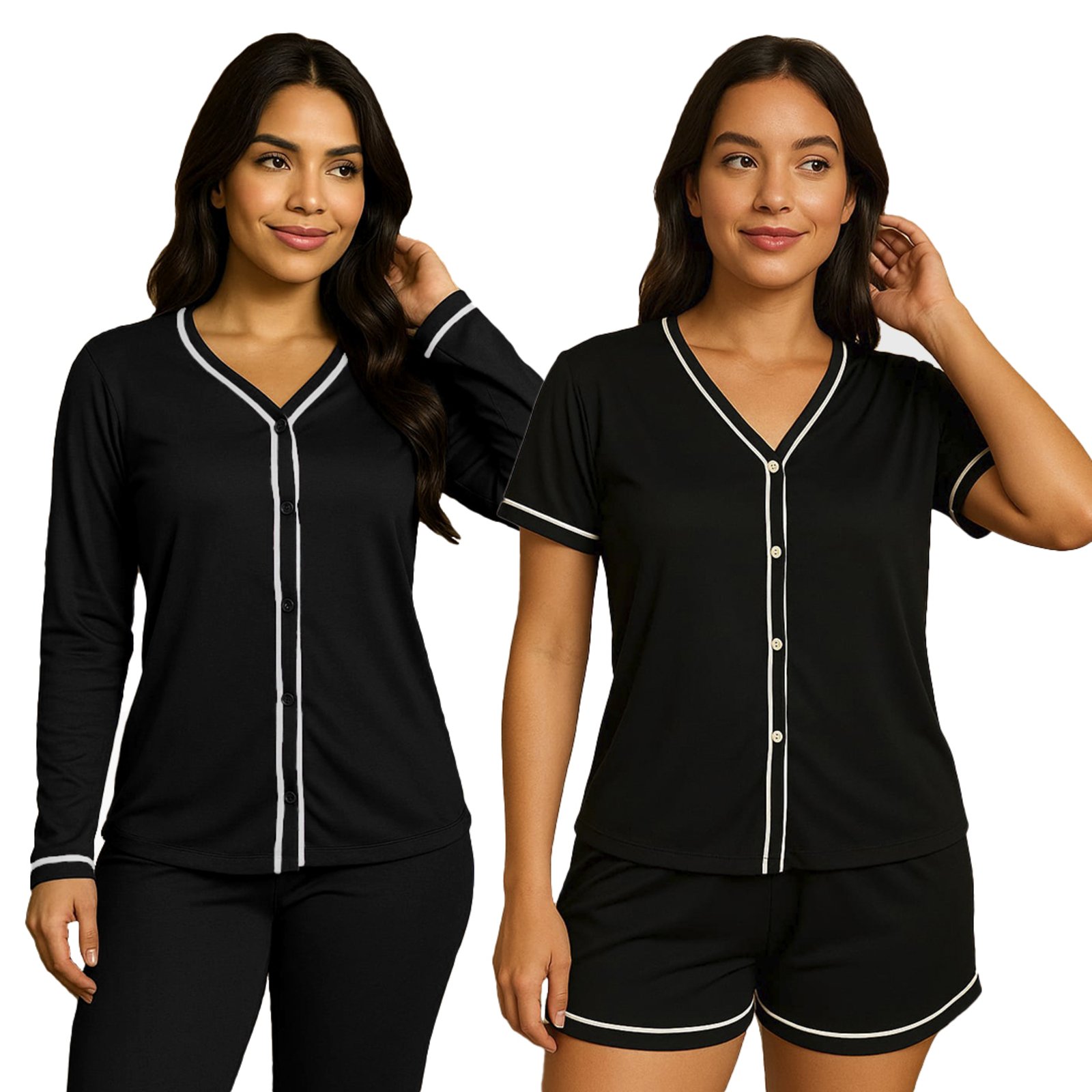 Kit 2 Pijamas Gabi Lingerie Estilo Blogueira Manga Curta e Manga Comprida Modelagem Perfeita Elegante Moda Feminina Preto