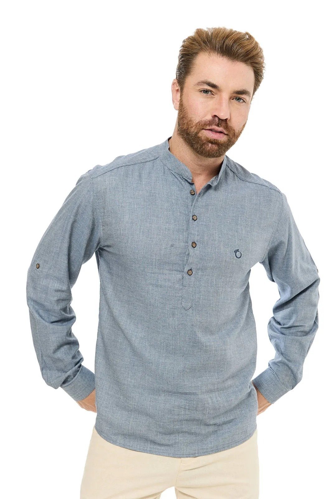 Bata Social Masculina Olimpo Gola Padre Manga Longa Azul
