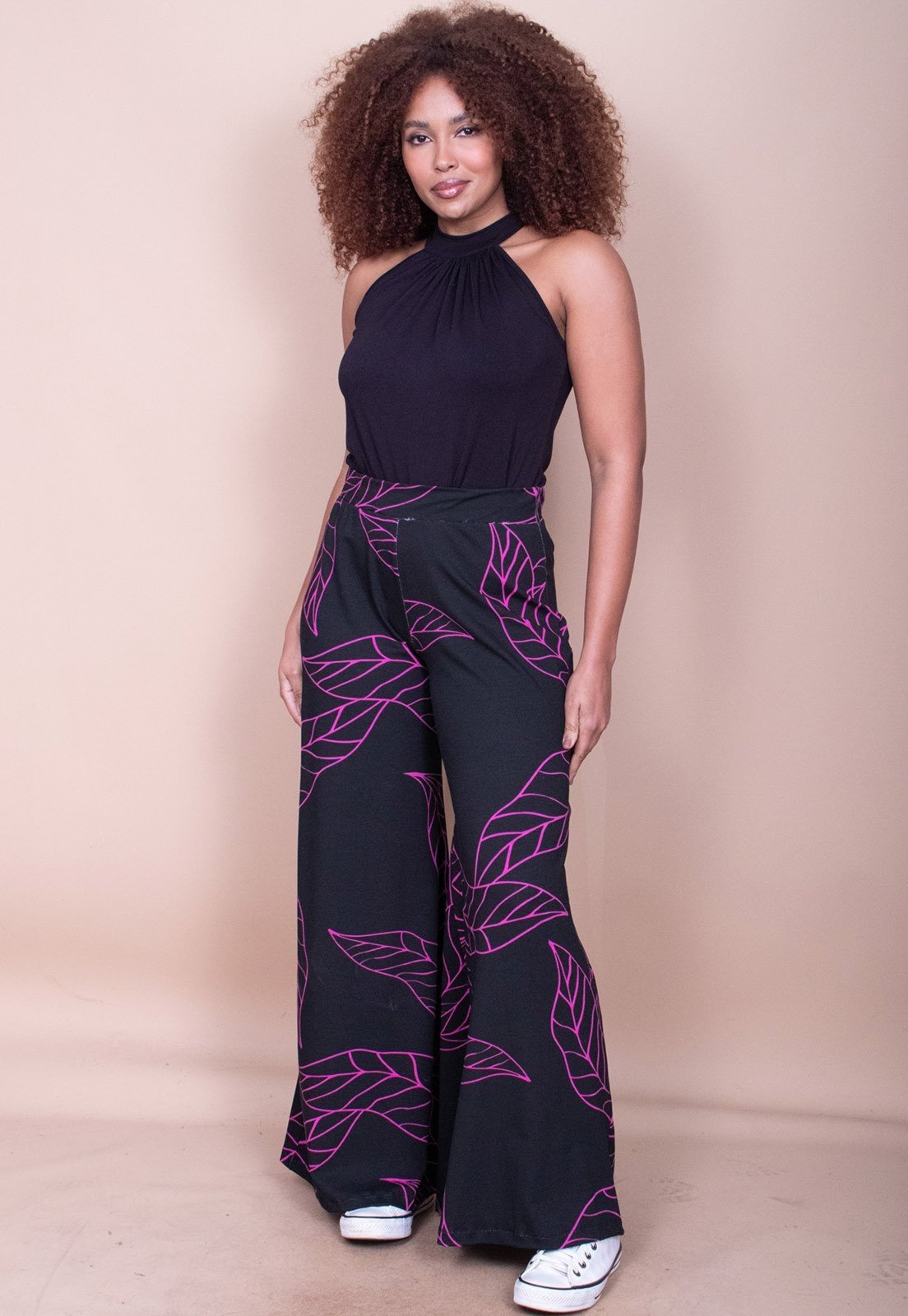 Calça Cabanafree Pantalona Granja Malha Estampa Antúrios Lilás