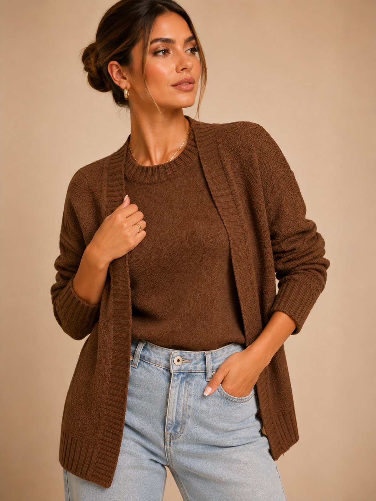 Twin Set Feminino em Tricot Trabalhado Premium Lapetry Elegância Conforto e Sofisticação para Todas as Ocasiões Marrom