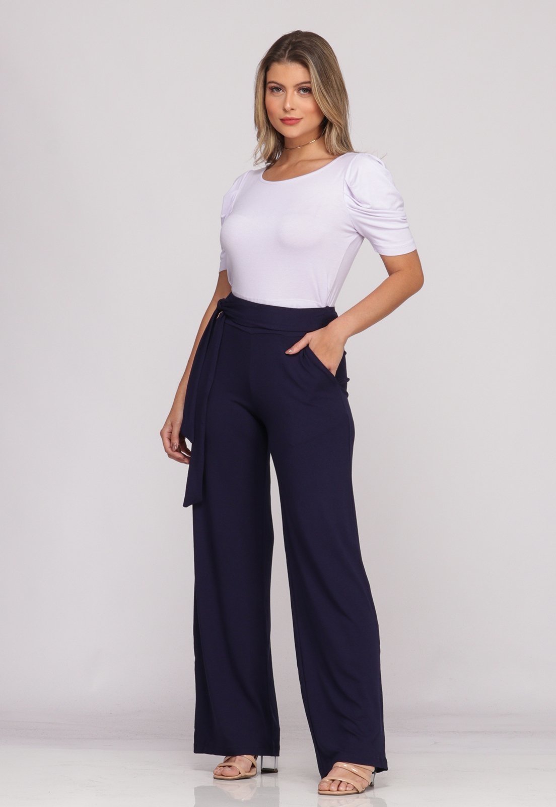 Vista 3 Calça Pantalona Cós largo Bolsos B’Bonnie Sheila BBonnie azul marinho BBonnie azul marinho