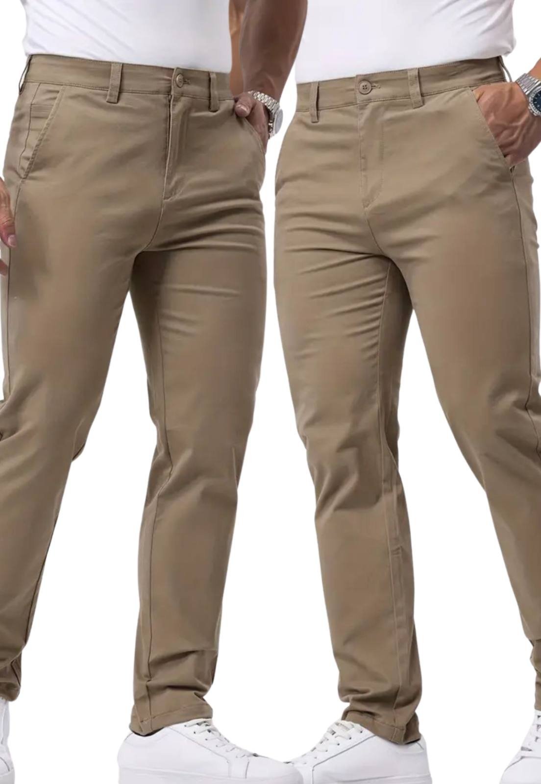 Kit 2 Calças Sarja Masculina Kovali Premium Com Elastano Confortável Caqui