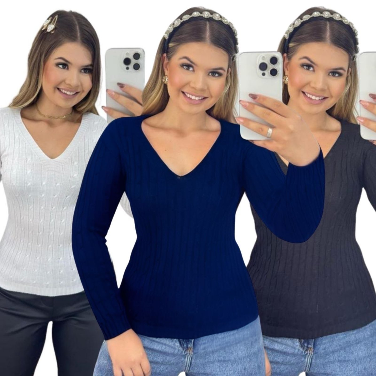 Kit 3 Blusas FMF Femininas Suéter Malha Tricô Manga Longa