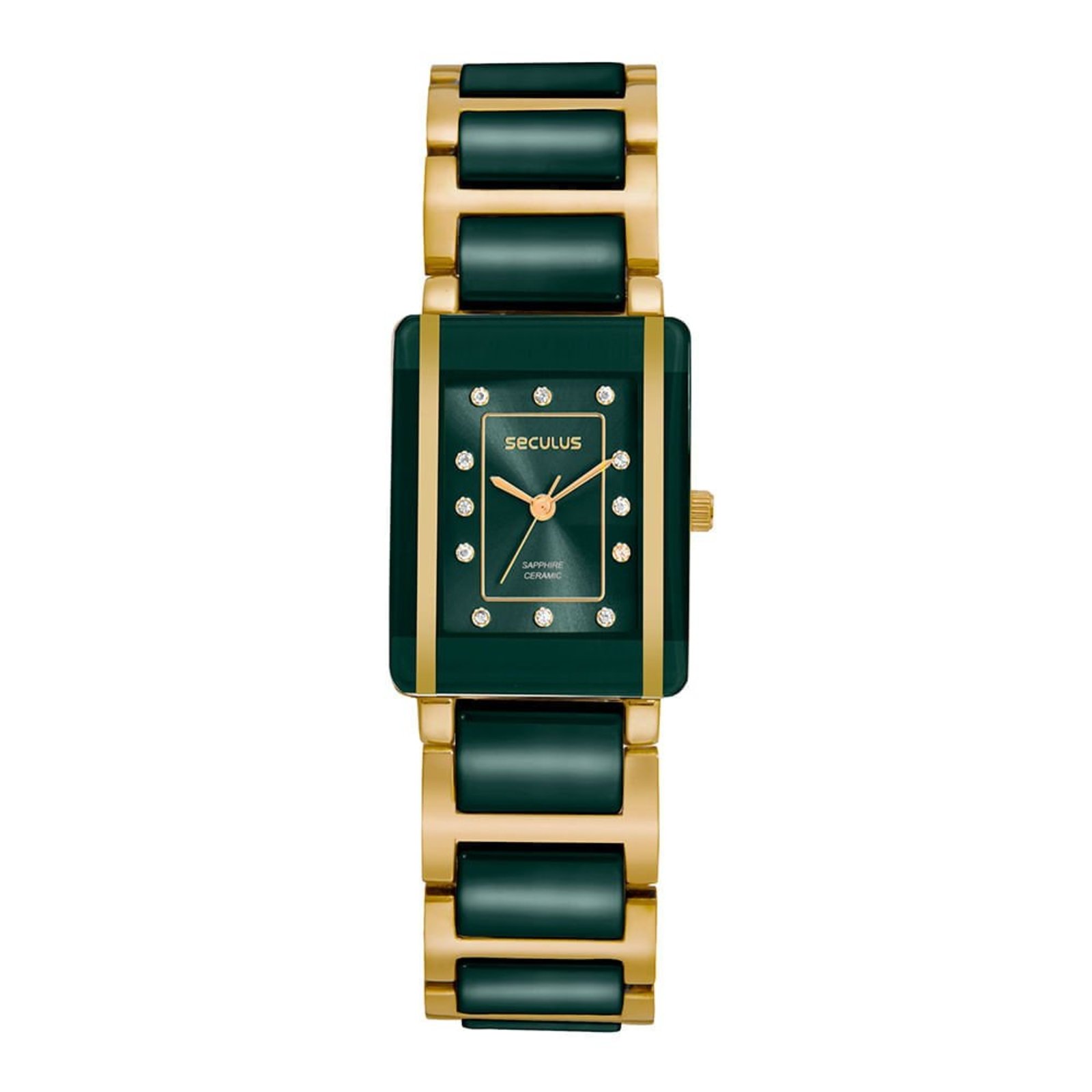 Relógio Feminino Verde em Cerâmica Quadrado Vidro Safira Seculus