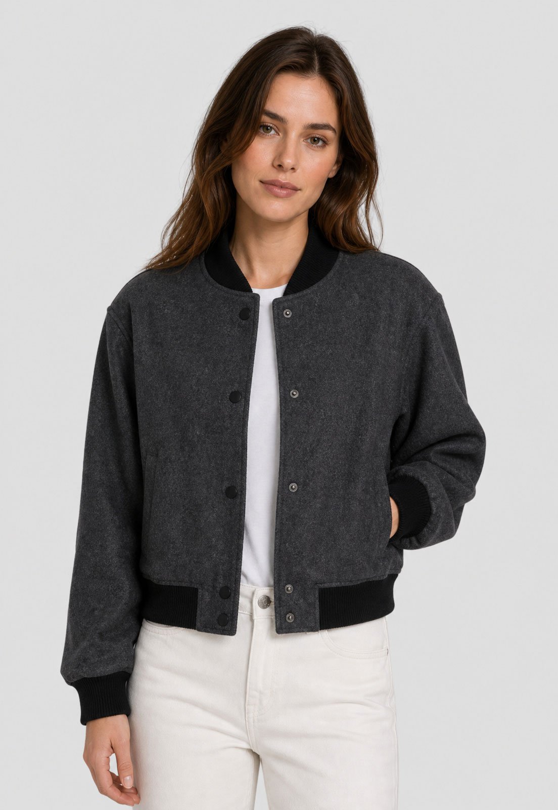 Jaqueta Bomber Feminina Facinelli Cropped Botões Grafite