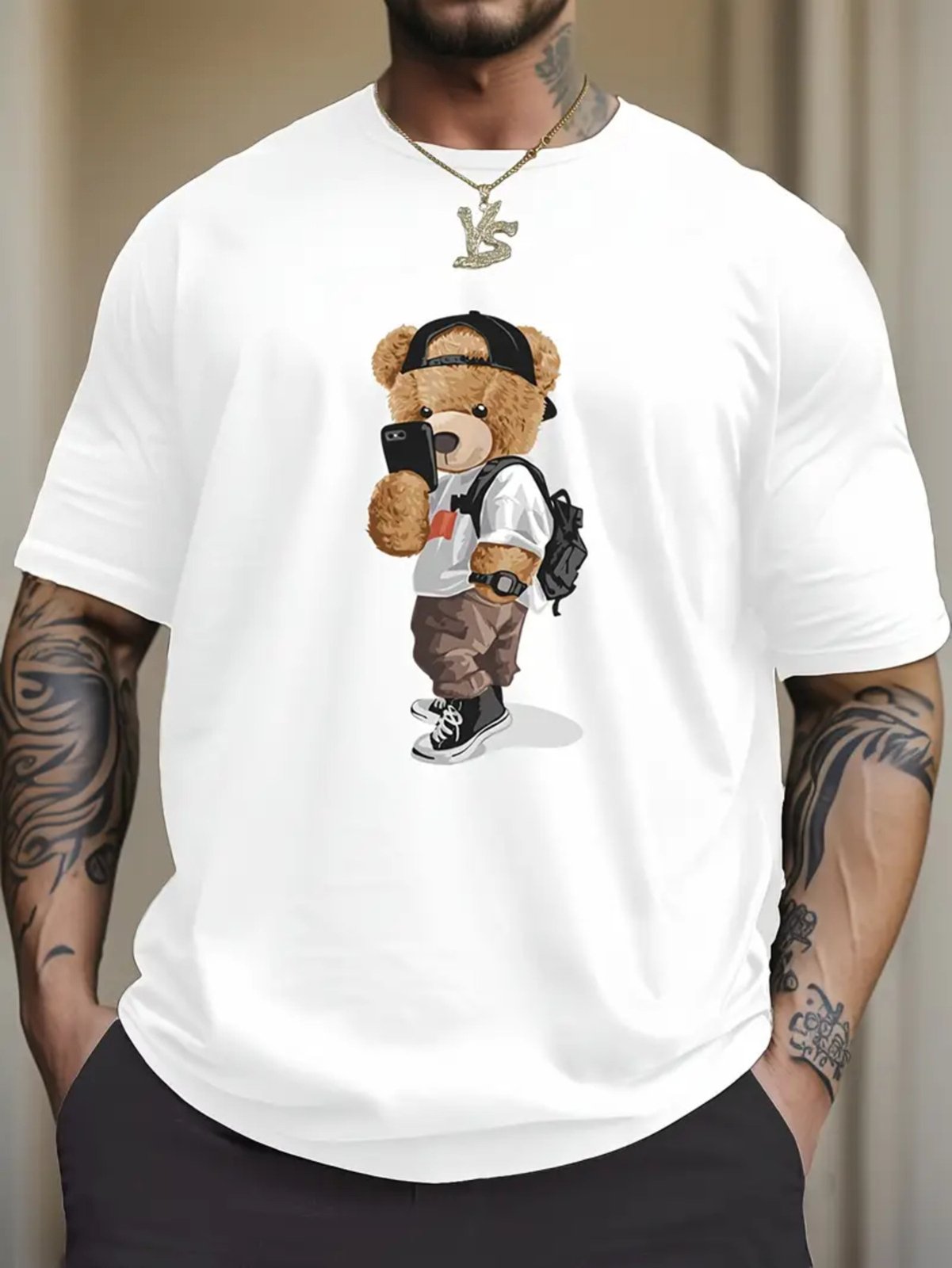 Camiseta Estampada Oversized Urso Selfie Safira Moda Algodão Branca