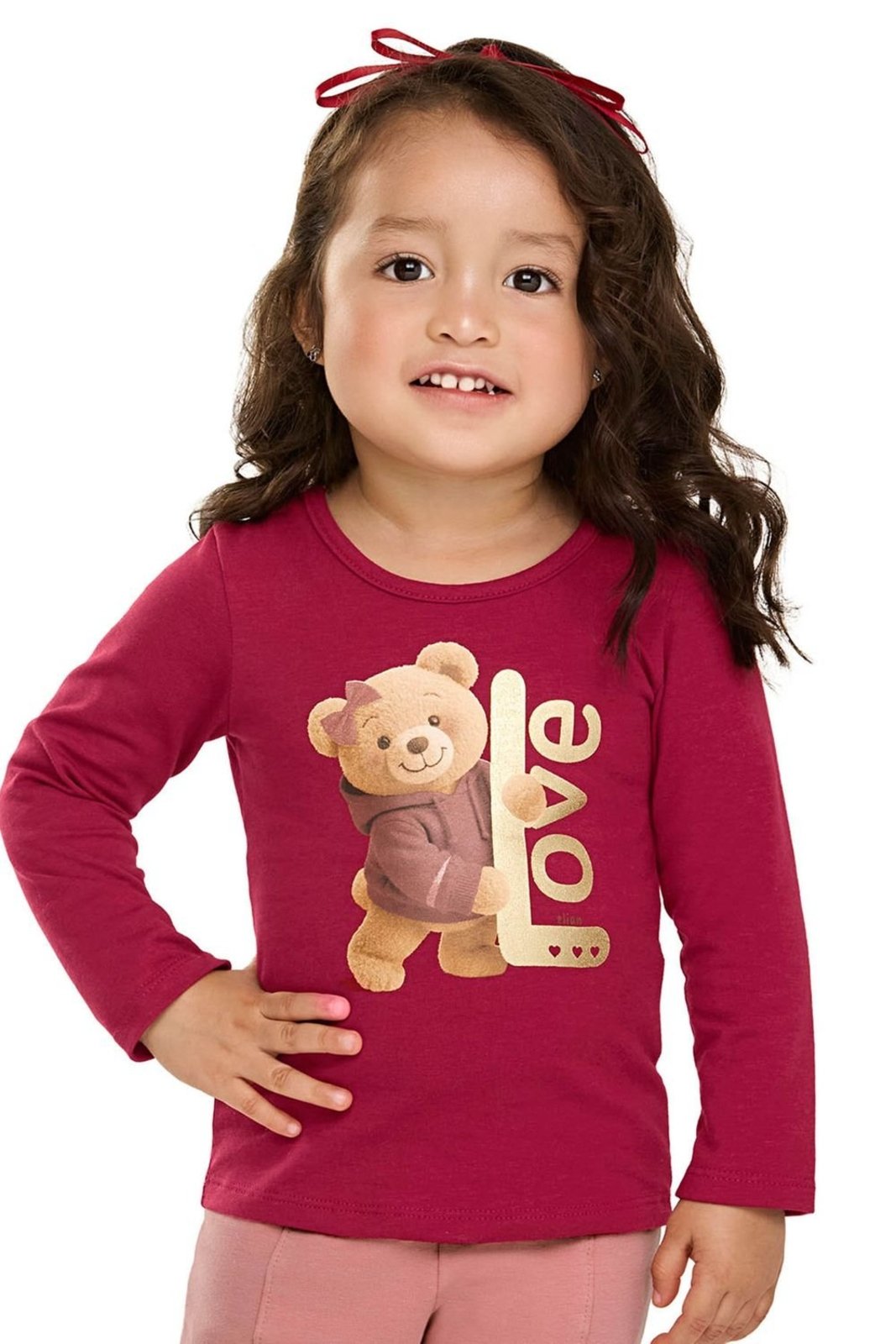 Infantil - Blusa Menina Manga Longa Ursinha Elian Vermelho