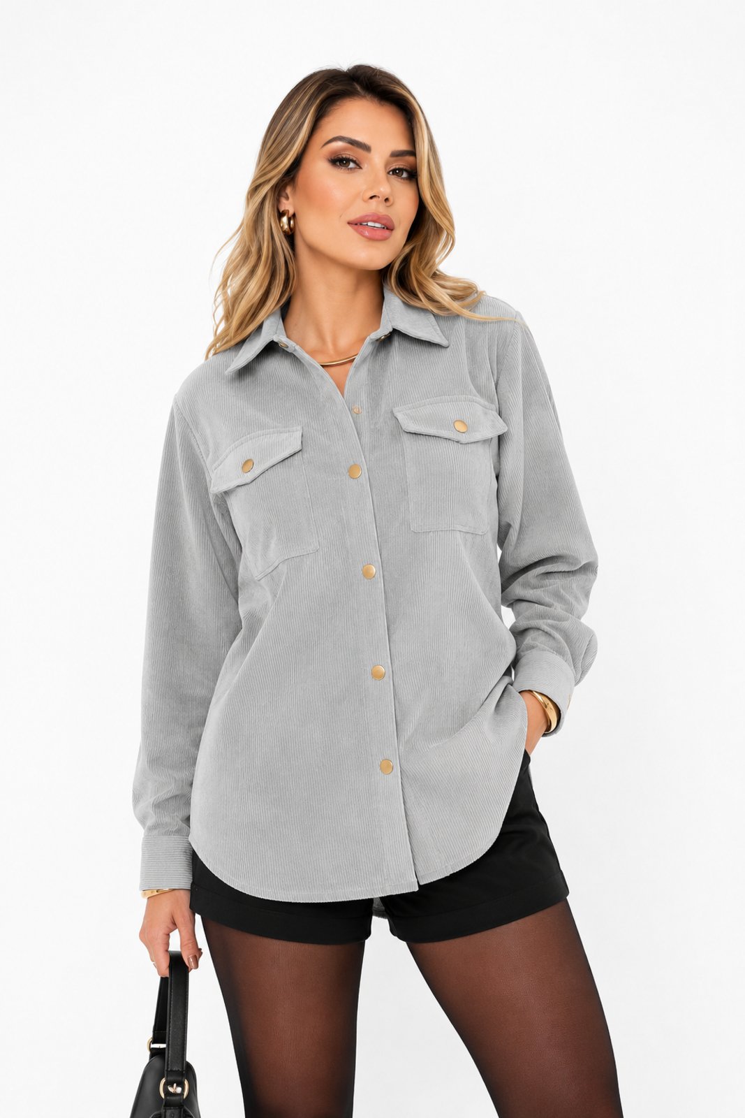 Jaqueta Feminina D Bell Outlet Fashion Veludo Botões Cinza