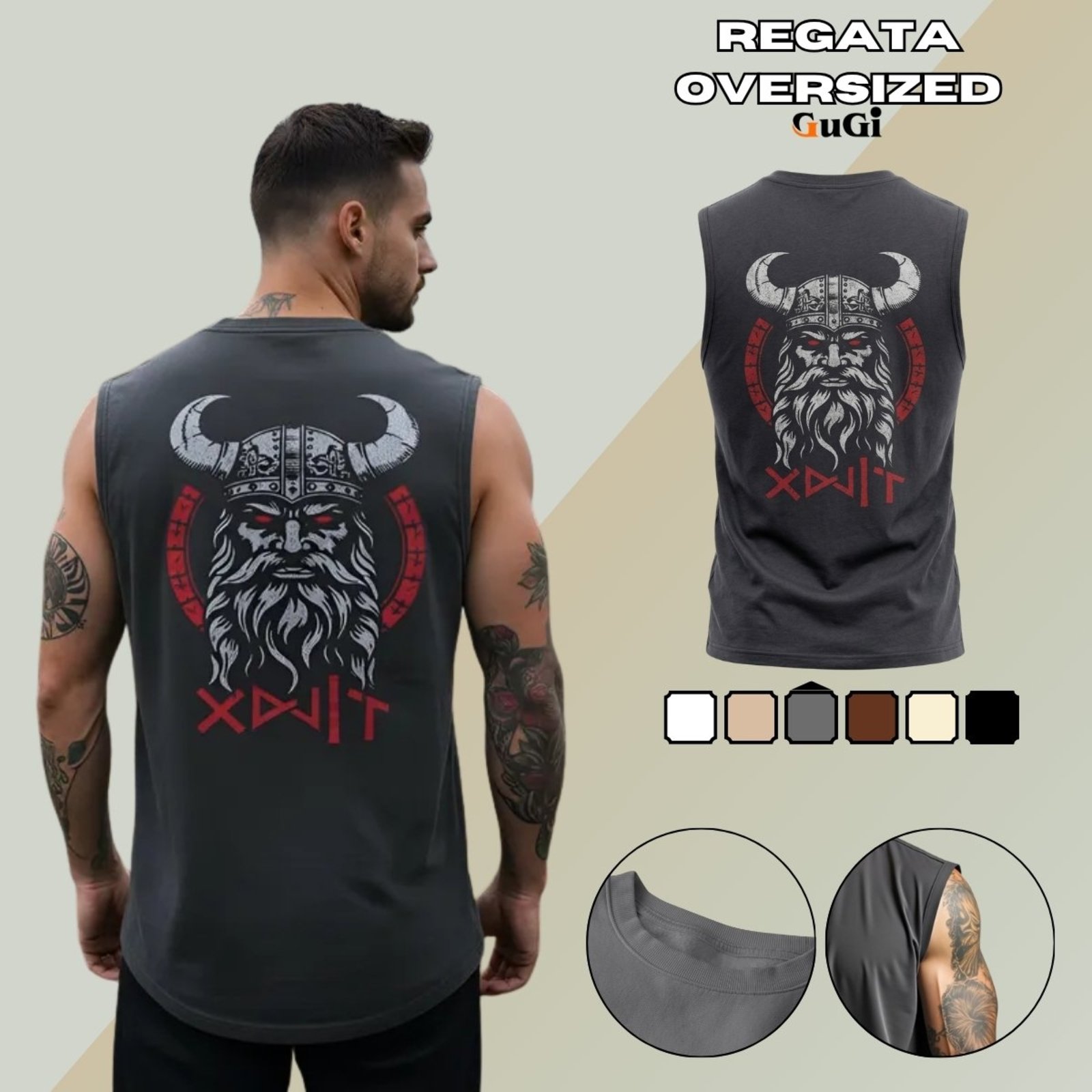 Camiseta Regata Masculina Oversized Estampada Medieval Nórdico Viking 100% Algodão Chumbo