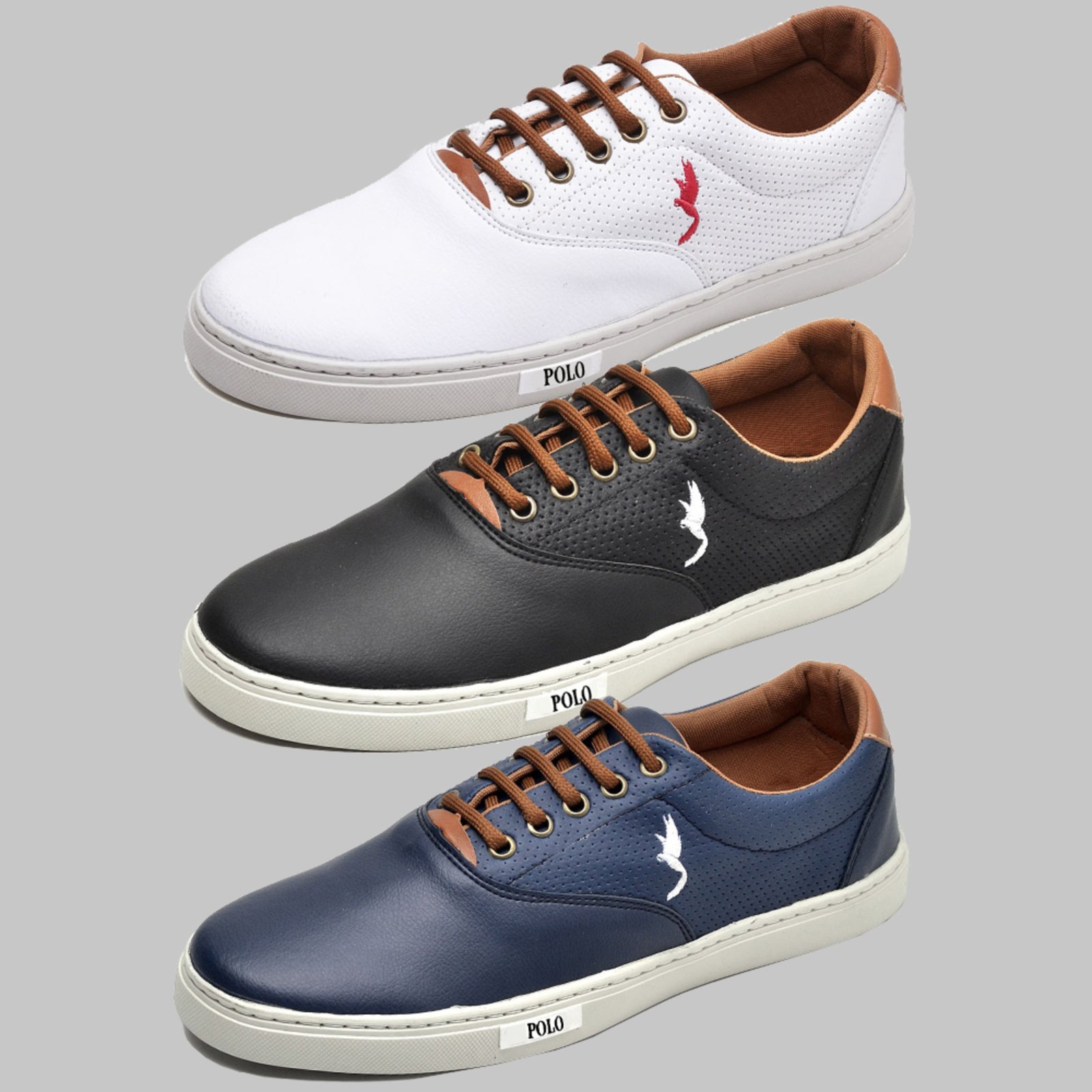 Kit 3 Pares Sapatênis Masculino Casual Polo Blu Branco/Preto/Azul Marinho