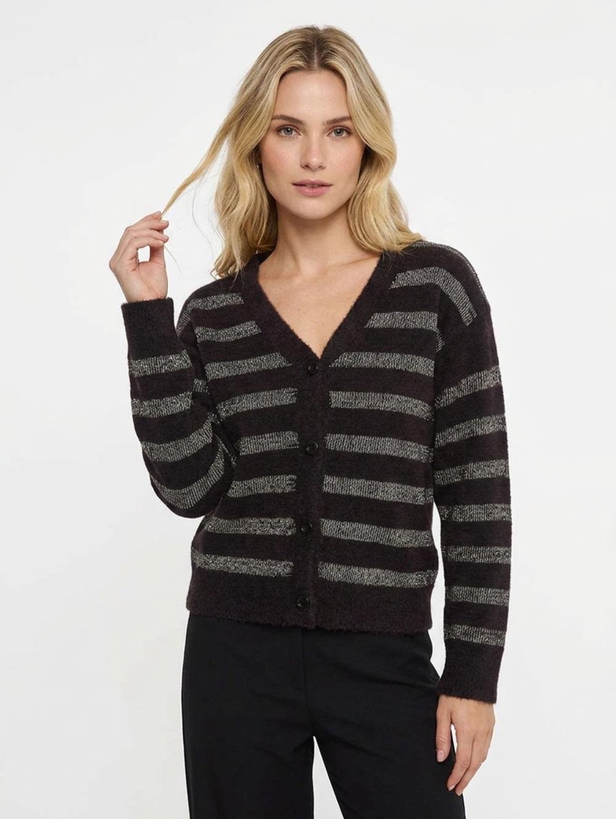 Casaco Pelo Listrado Lurex Autentique Feminino PRETO