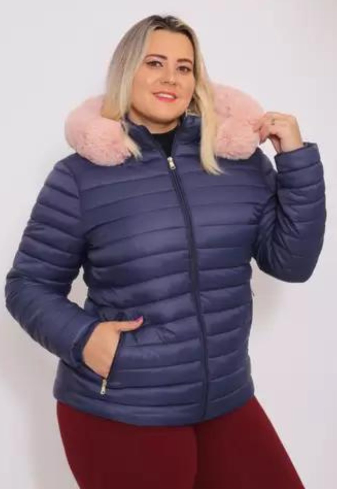 Jaqueta Plus Size para Inverno Bobojaco Nylon Capuz Removível Azul com Rosa