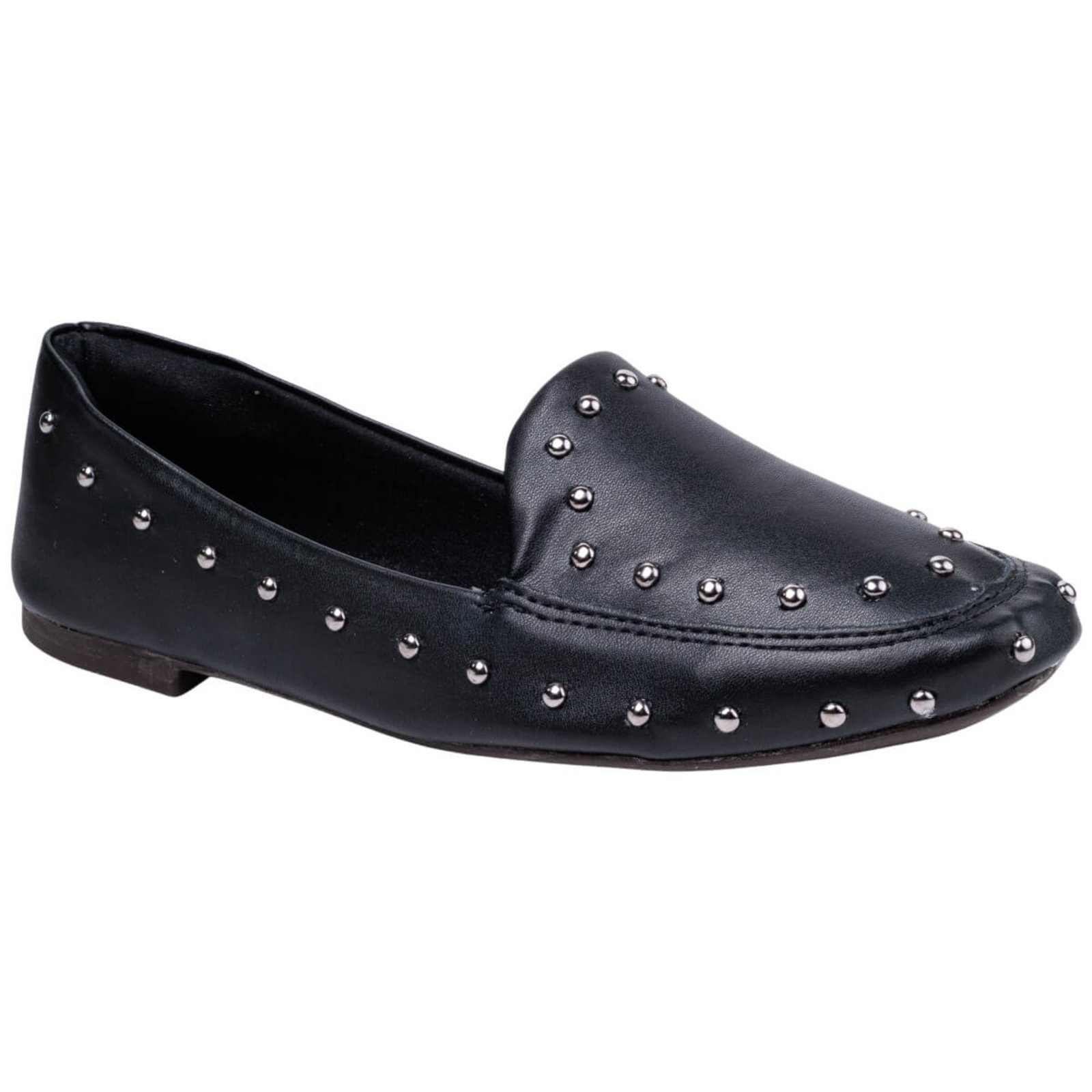 Sapatilha Mocassim Feminino Loafer Slipper Com Tachas Casual Confortável Via Angel 9303 Preto
