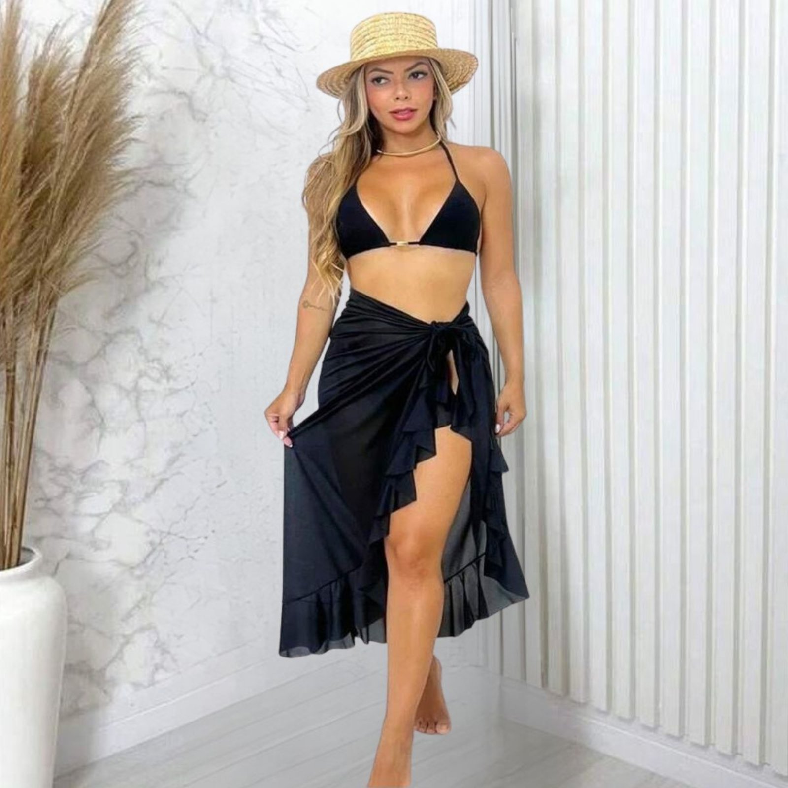 Saída De Praia Saia Envelope Canga Babado Pareo Moda Verão Preto