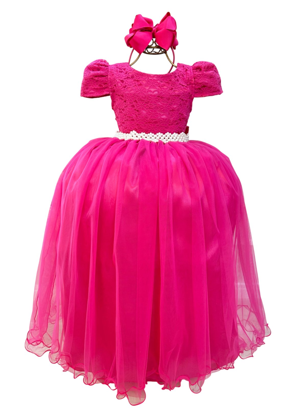 Infantil - Vestido Longo Festa Rosa Pink Fucsia Formatura Casamento Dama Daminha Social Menina Juvenil Pérolas Brilho Juvenil Princesa Rodado Florista Aniversário Luxo