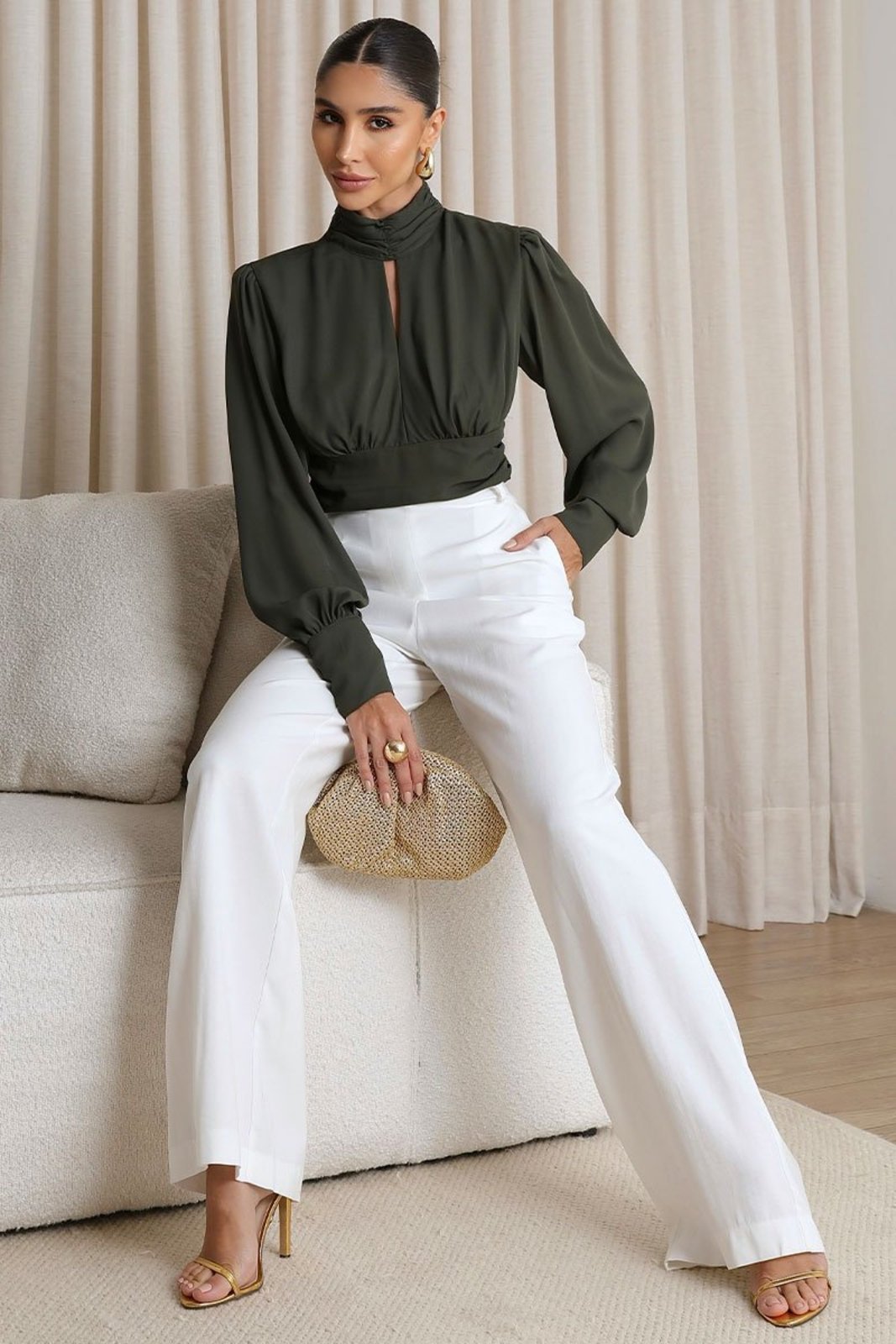 Blusa Siena Cropped Manga Longa Chiffon Musgo
