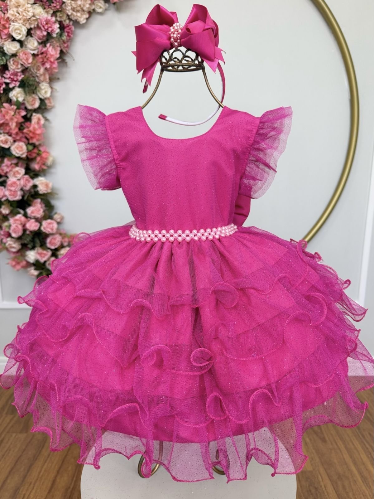 Infantil - Vestido Festa Rosa Pink Fucsia Formatura Florista Casamento Babados Dama Daminha Social Menina Juvenil Pérolas Princesa Rodado Aniversário Luxo