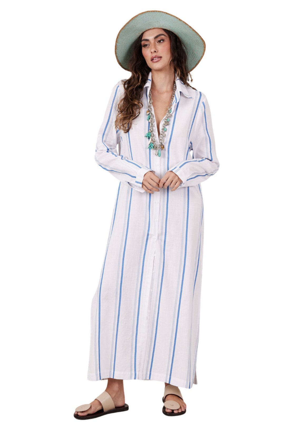 Chemise Midi Listrada Branca Com Azul Estampado Yacamim M7 – Listrado