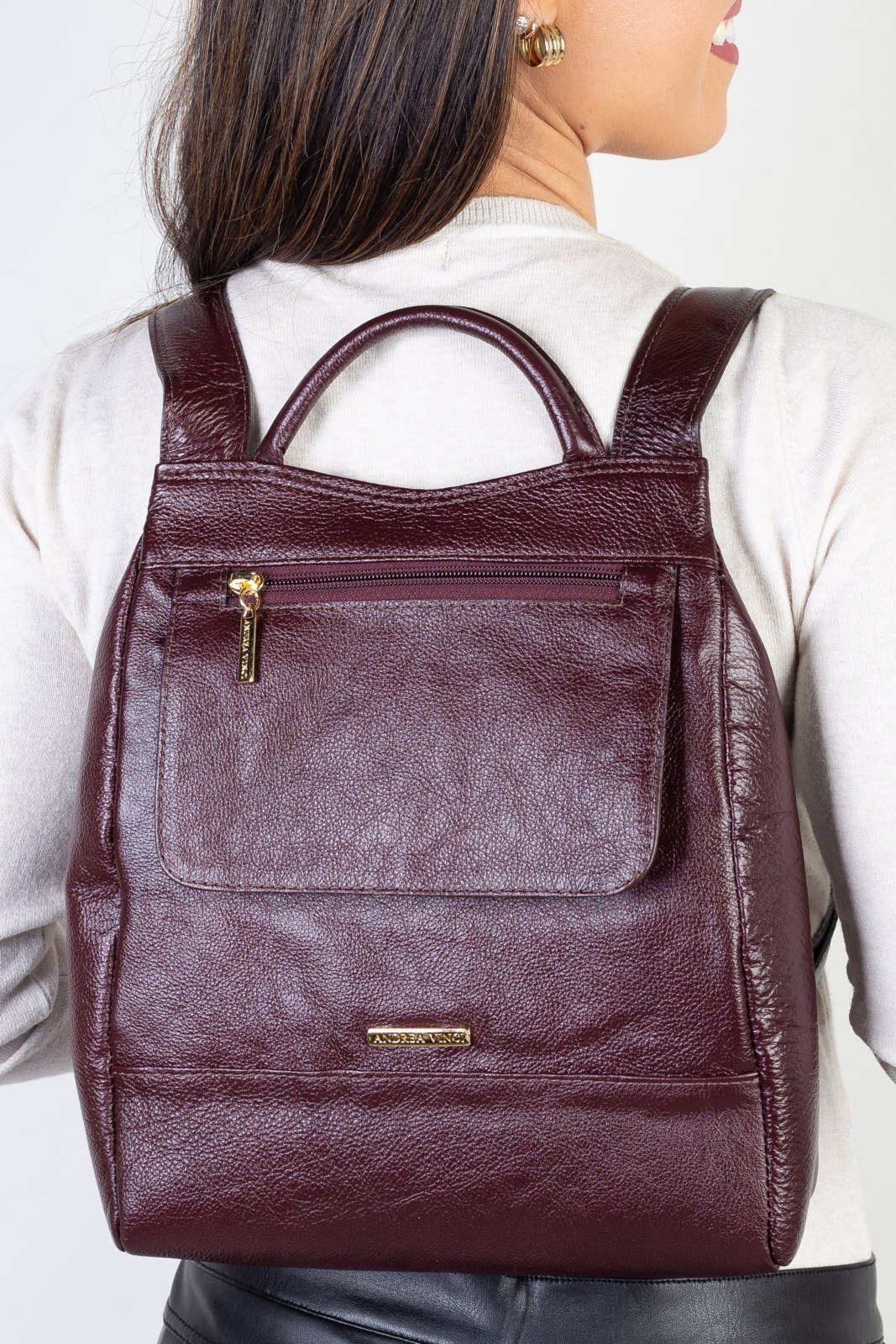 Mochila pequena antifurto couro liso Susan - Marsala