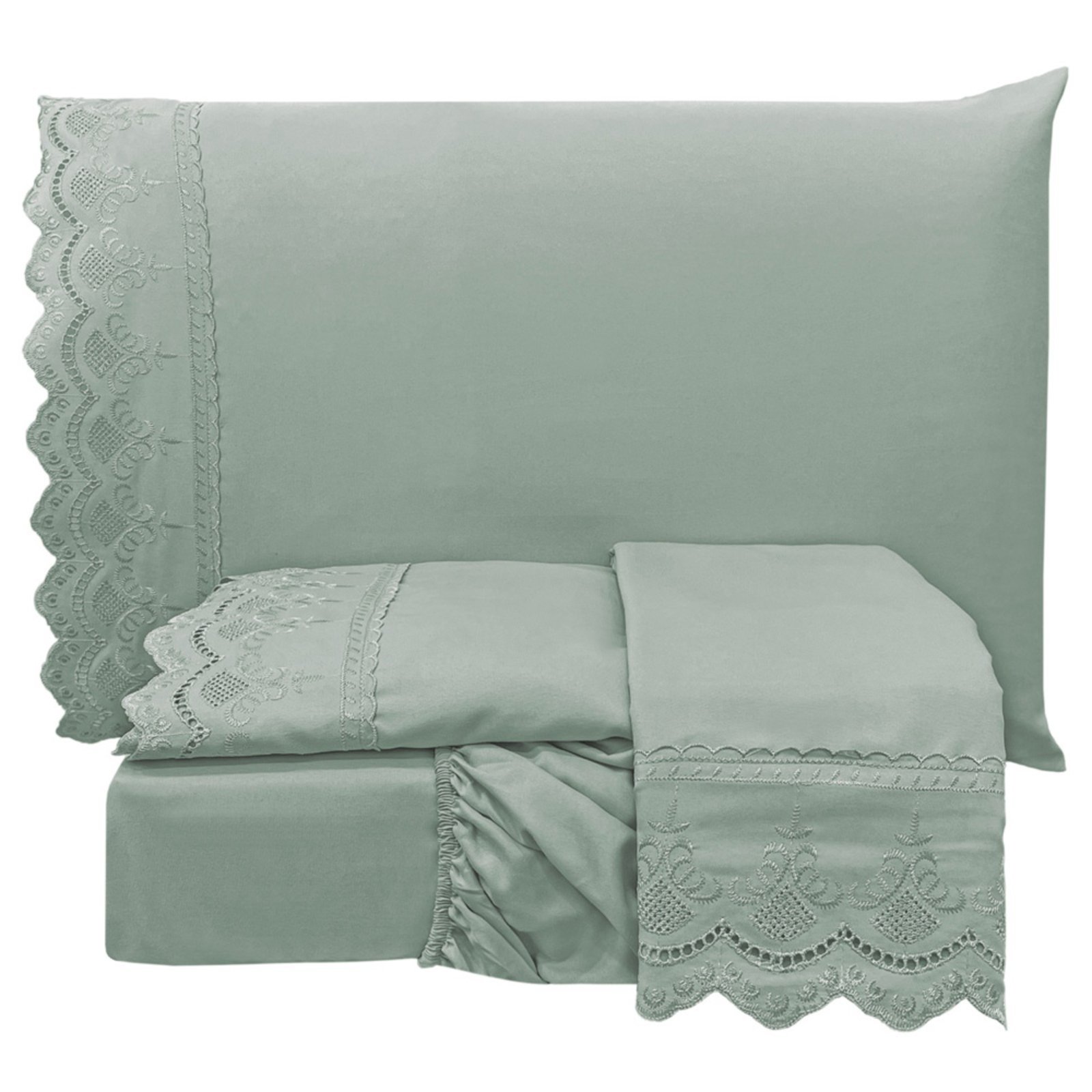 Jogo Cama Lençol Casa Scarpa Loren Casal Padrão Bordado Inglês Micro Percal 300 Fios 4 Peças - Cinza