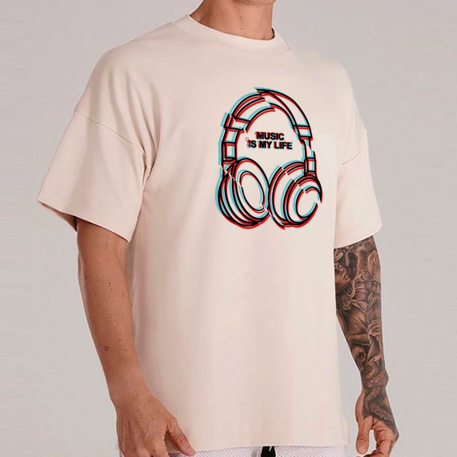 Camiseta Ousy Streetwear Music Is My Life Headphones Oversized Unissex Off White