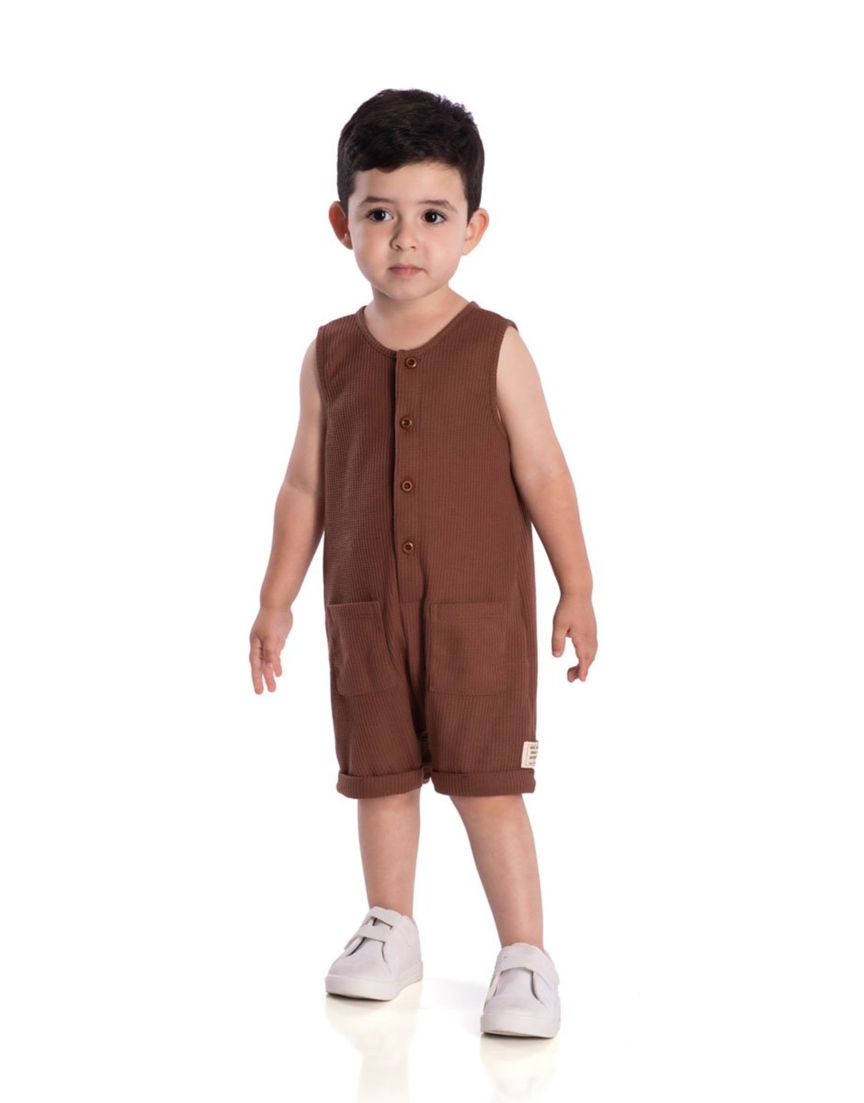Infantil - Macacão curto malha texturizada marrom