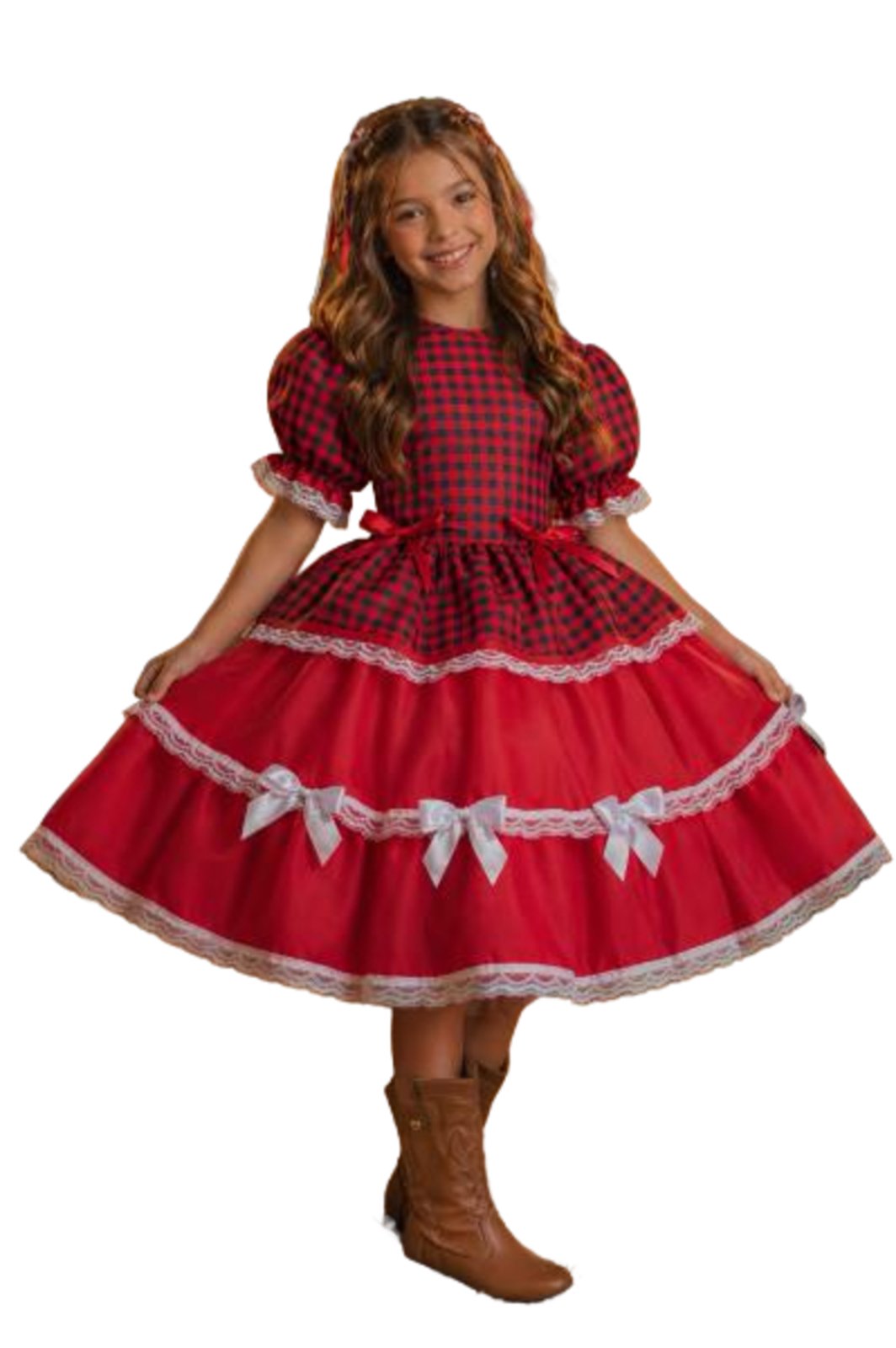Infantil - Vestido Xadrez Vermelho Laços Babados Festa Junina Junino Caipira Quadrilha Luxo São João