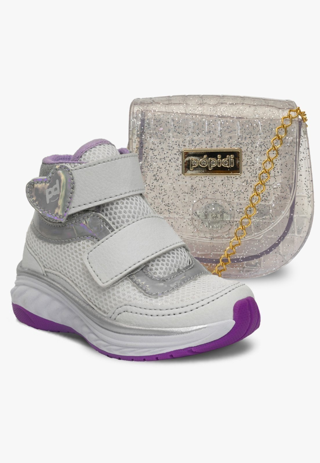 Infantil – Kit Bolsa e Tenis Menina Cano Alto Pópidi Branco Glitter Prata