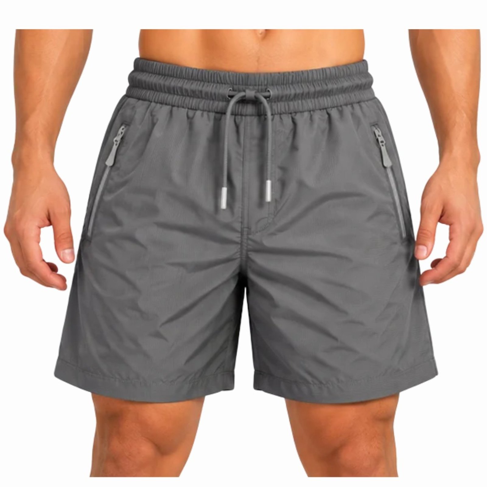 Bermuda Masculina Esportiva Poliamida com Bolsos de Zíper e Cordão Cinza