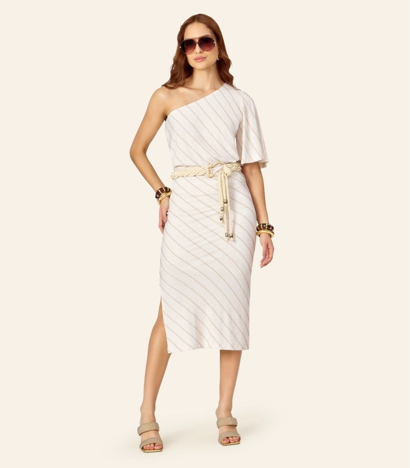 Saia Feminina Super Midi Viscolinho Lurex Endless Bege