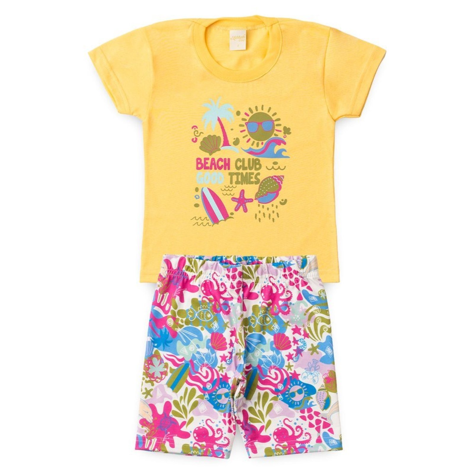 Infantil - Conjunto Verão Menina Amarelo T-shirt Over e Shorts Ciclista Praia Tropical