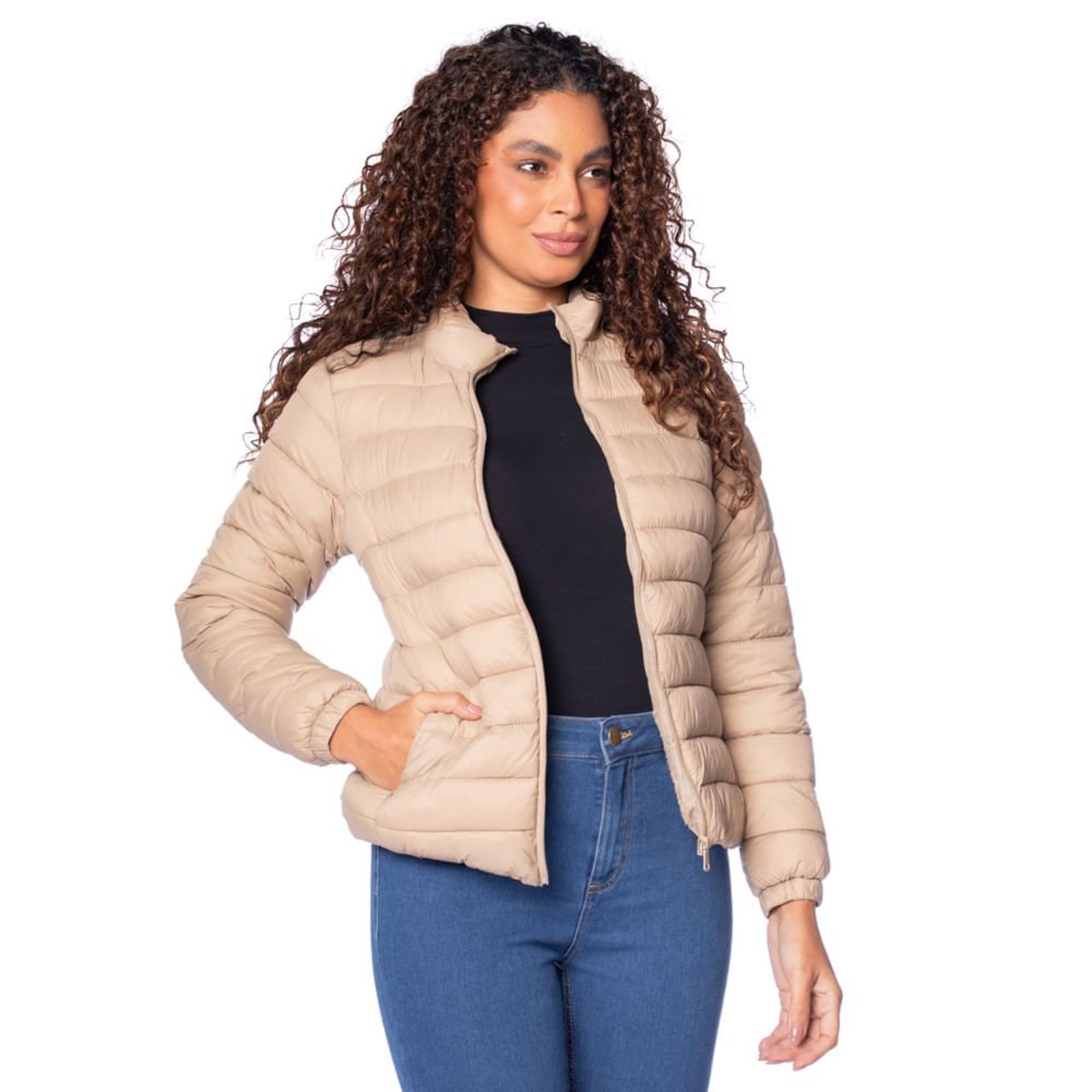 Jaqueta Feminina Sea Surf Puffer Gola Alta Peluciado Bege